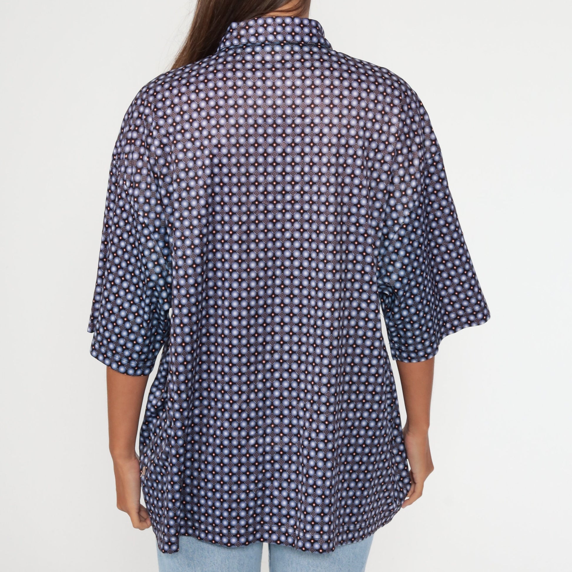 90s Geometric Print Button-Up Shirt Blue Brown Short Sleeve Extra Large