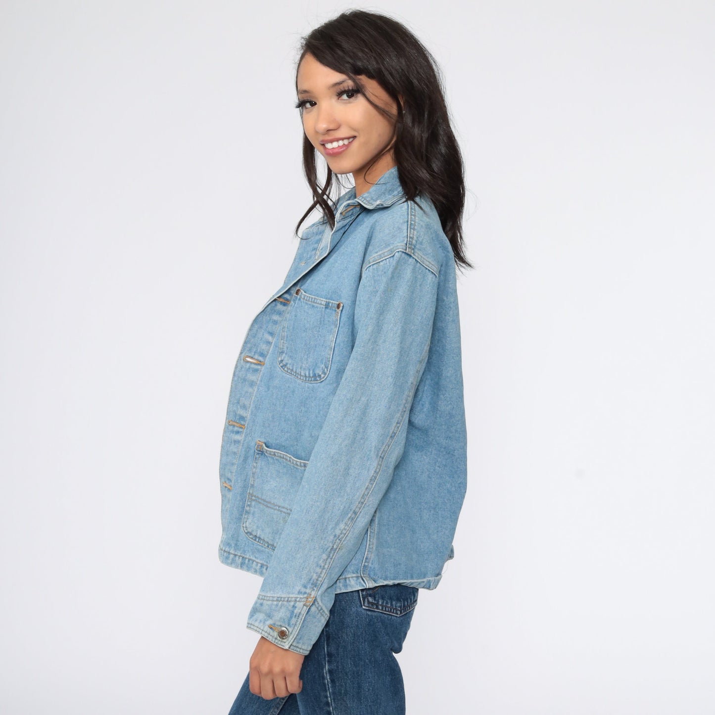 90s Light Blue Denim Cargo Jacket Workwear Button Up Medium