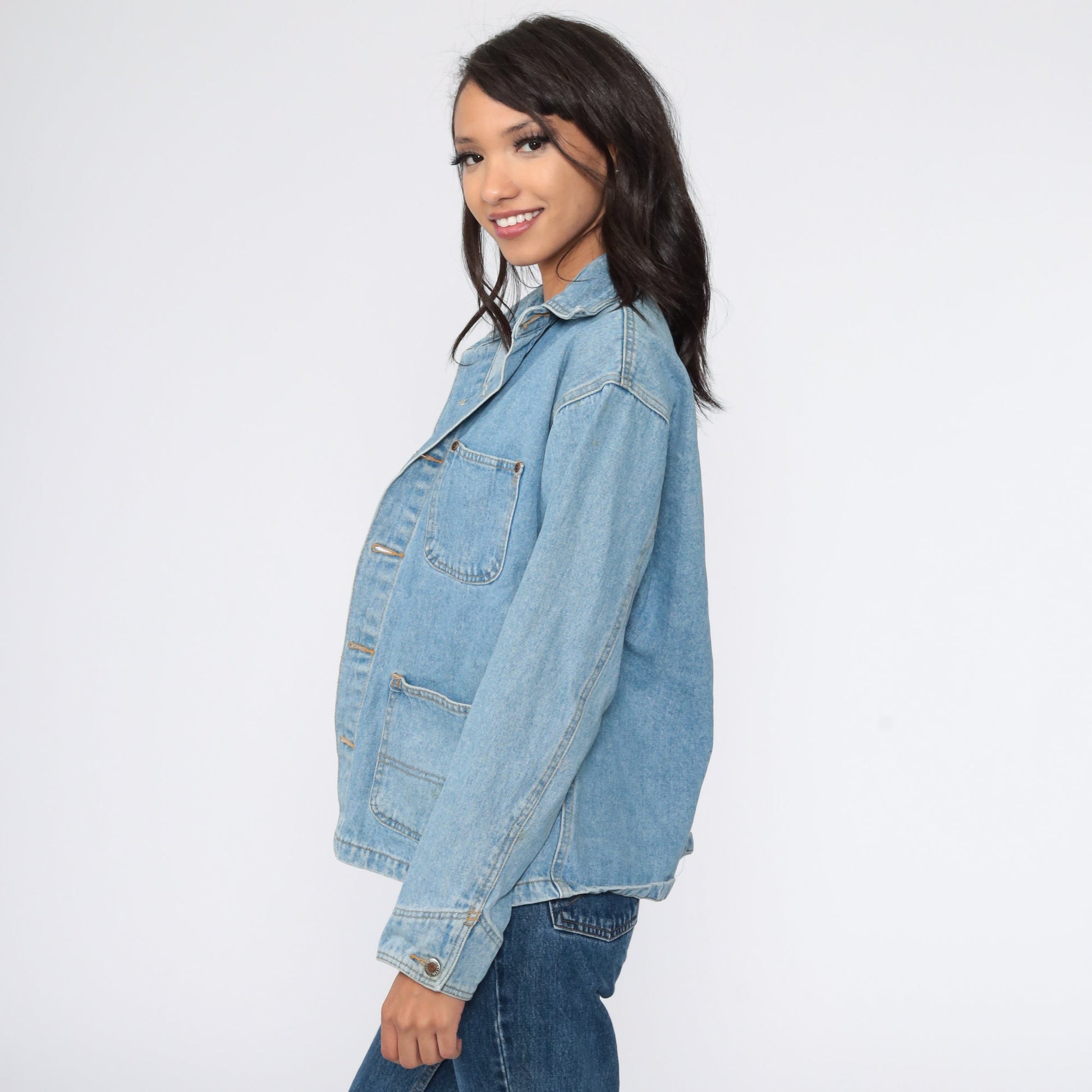 90s Light Blue Denim Cargo Jacket Workwear Button Up Medium