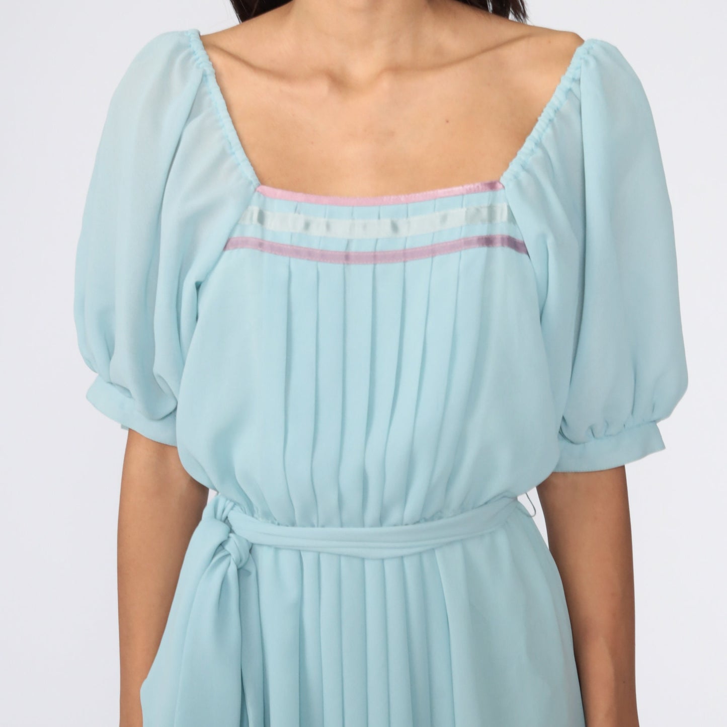 70s Baby Blue Pleated Midi Dress Puff Sleeve High Waist Small