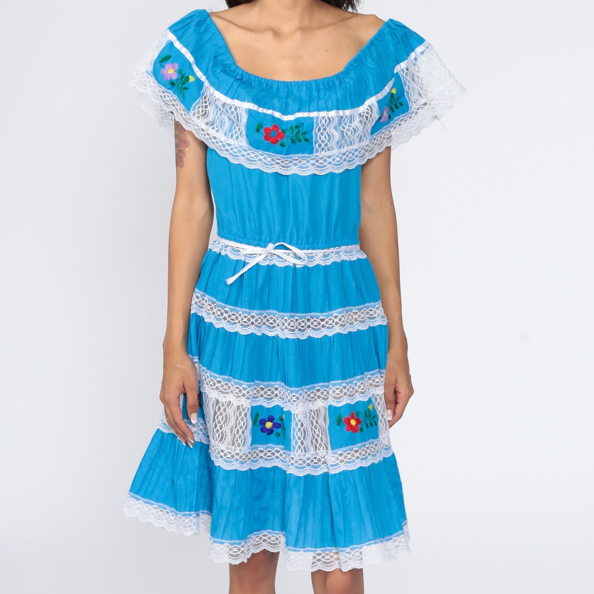 80s Mexican Peasant Dress Embroidered Off-Shoulder Midi Blue Small