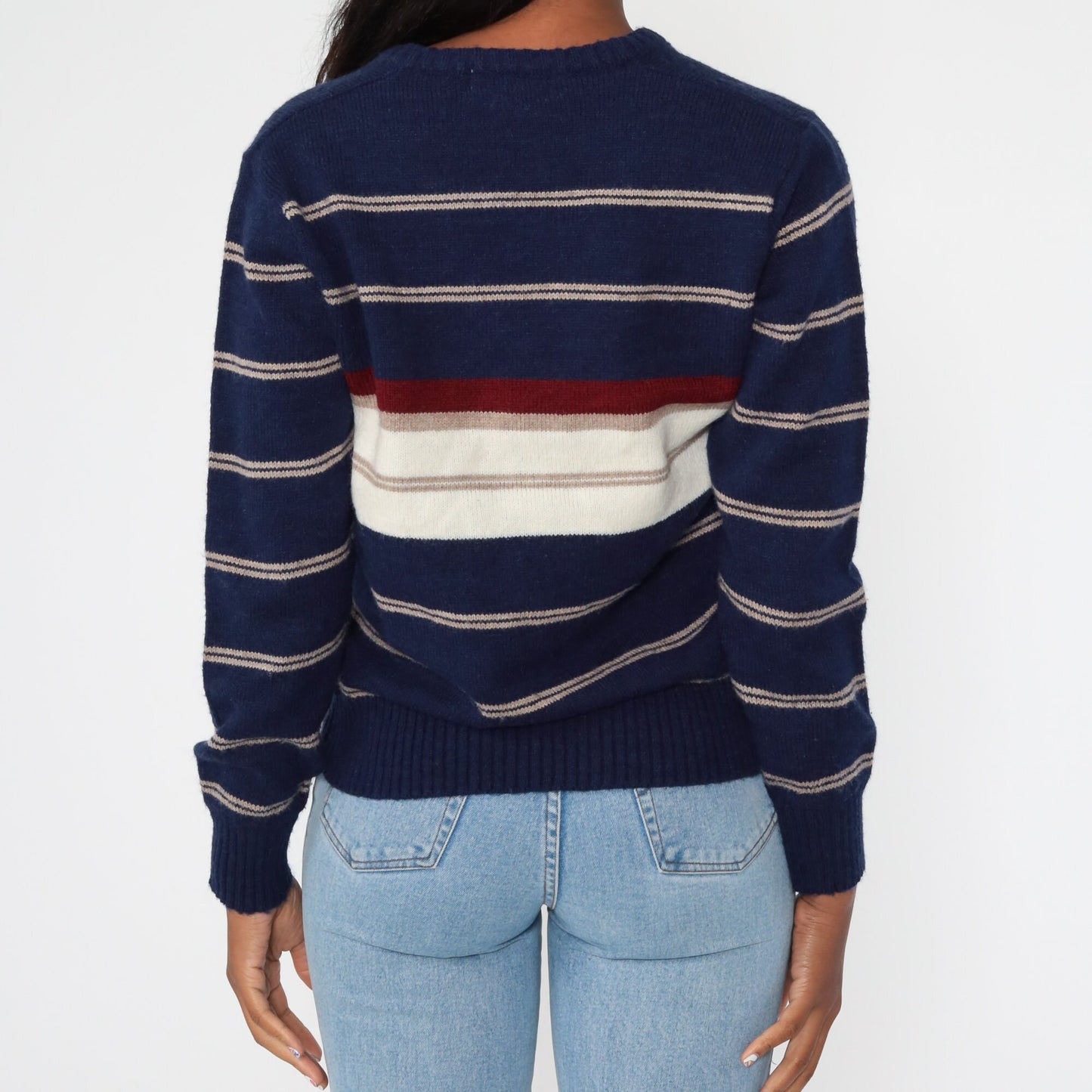 80s Le Tigre Navy Striped V-Neck Knit Sweater Small Medium