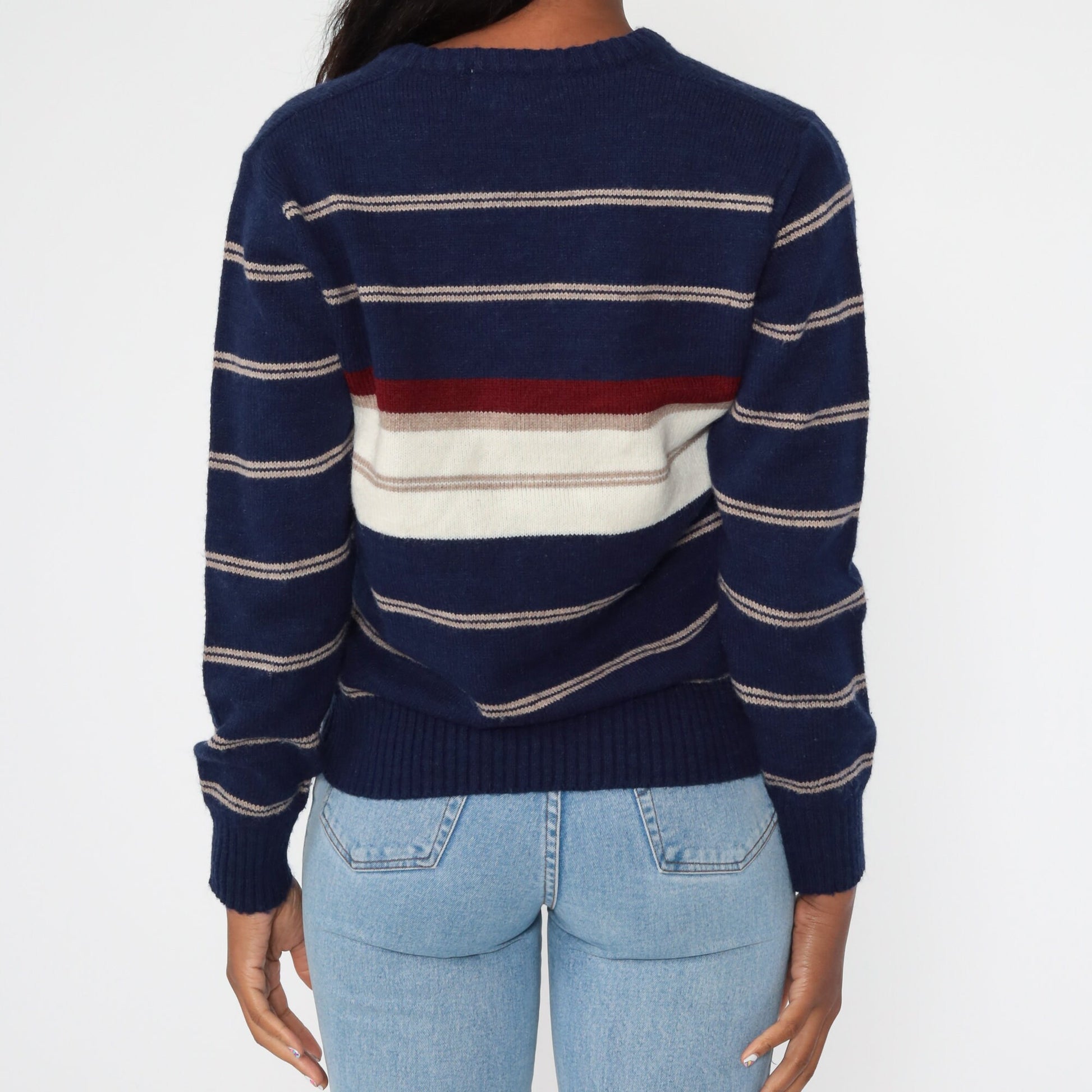 80s Le Tigre Navy Striped V-Neck Knit Sweater Small Medium