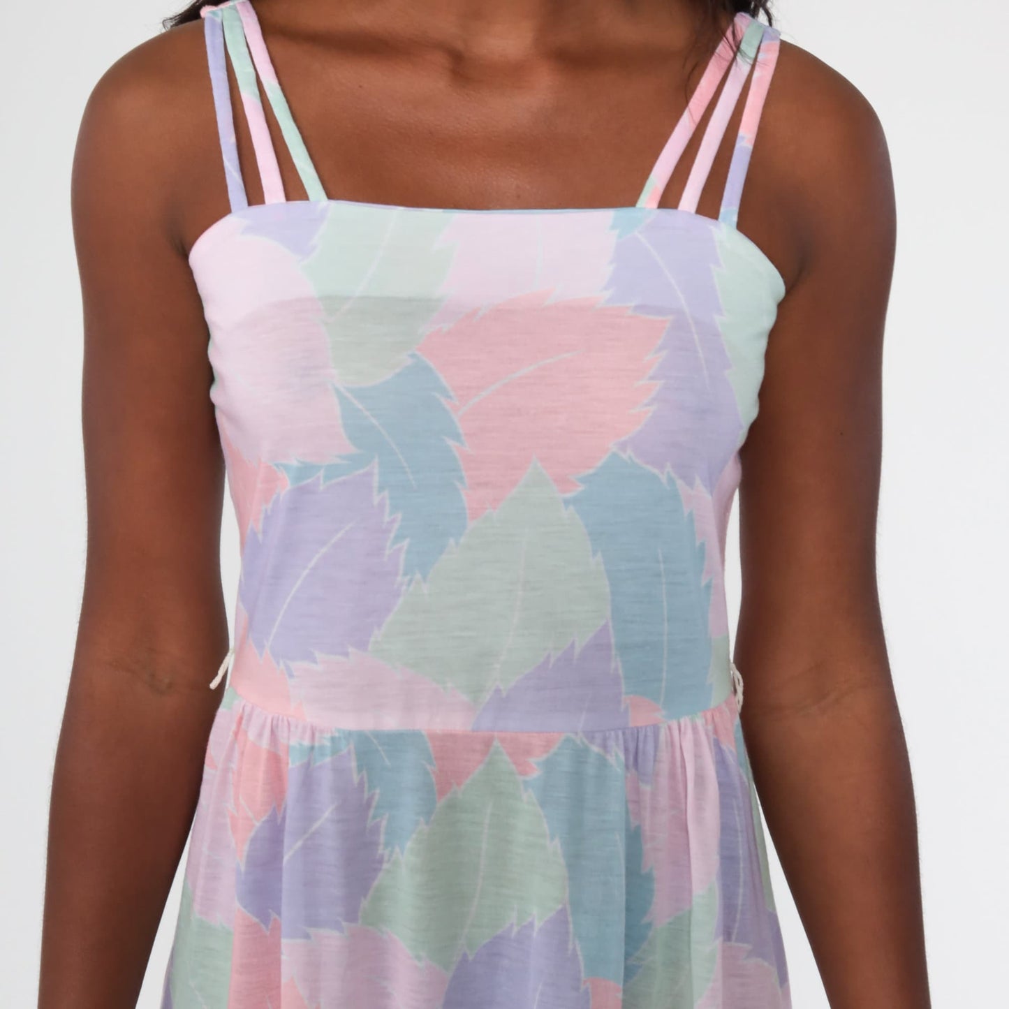 70s Leaf Print Midi Sundress High Waist Tank Pastel Cotton Medium