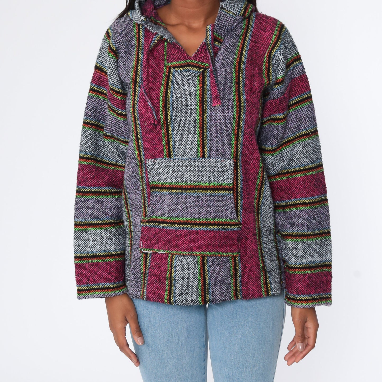 90s Mexican Baja Pullover Hoodie Striped Grey Pink Medium