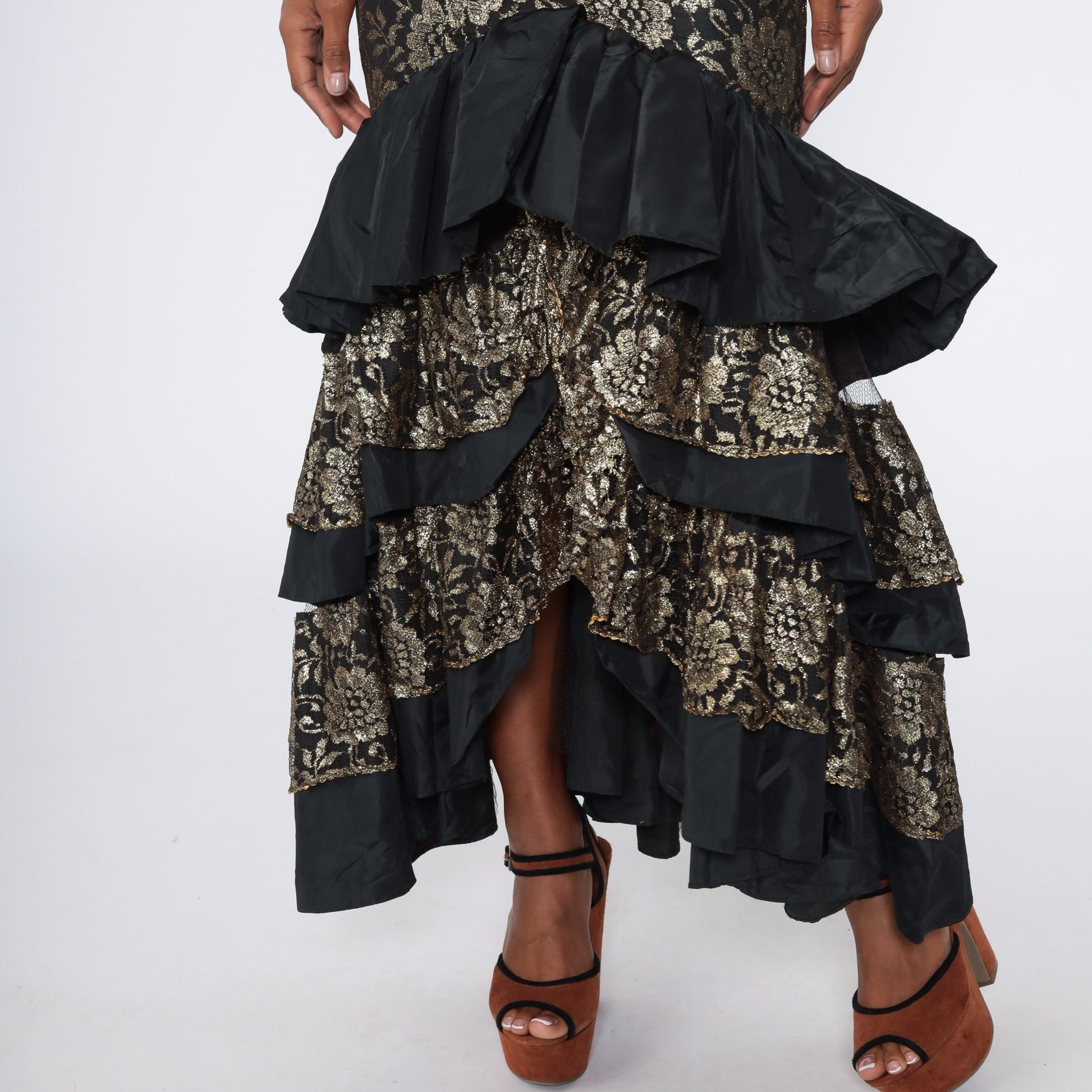 80s Metallic Gold Lace Strapless Mermaid Maxi Dress Sweetheart Neckline Extra Small