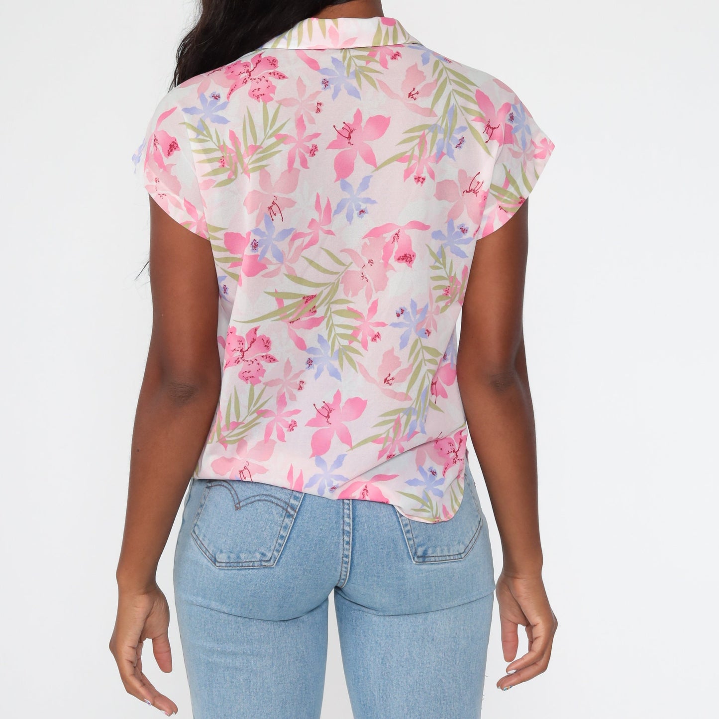 80s Tropical Floral Pink Hawaiian Button-Up Blouse Short Sleeve Medium