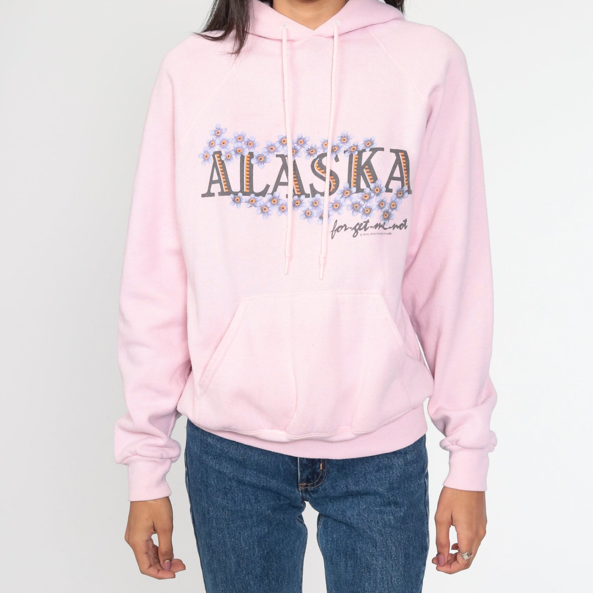 90s Alaska Forget Me Not Hoodie Pink Floral Graphic Sweatshirt Medium