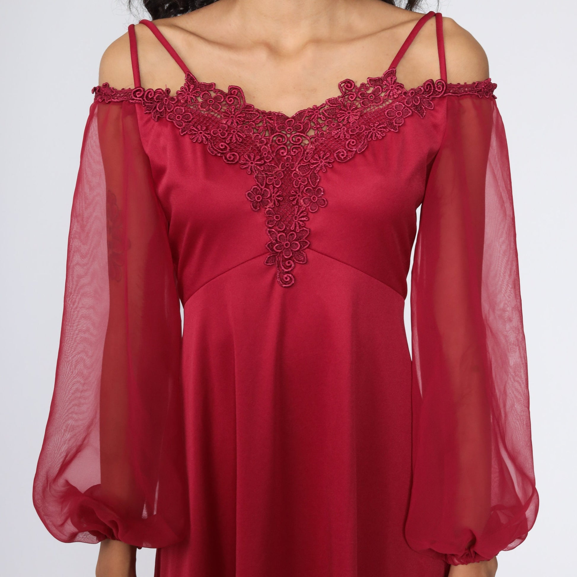 70s Burgundy Mini Dress Off-Shoulder Babydoll Sheer Chiffon Sleeve Extra Small