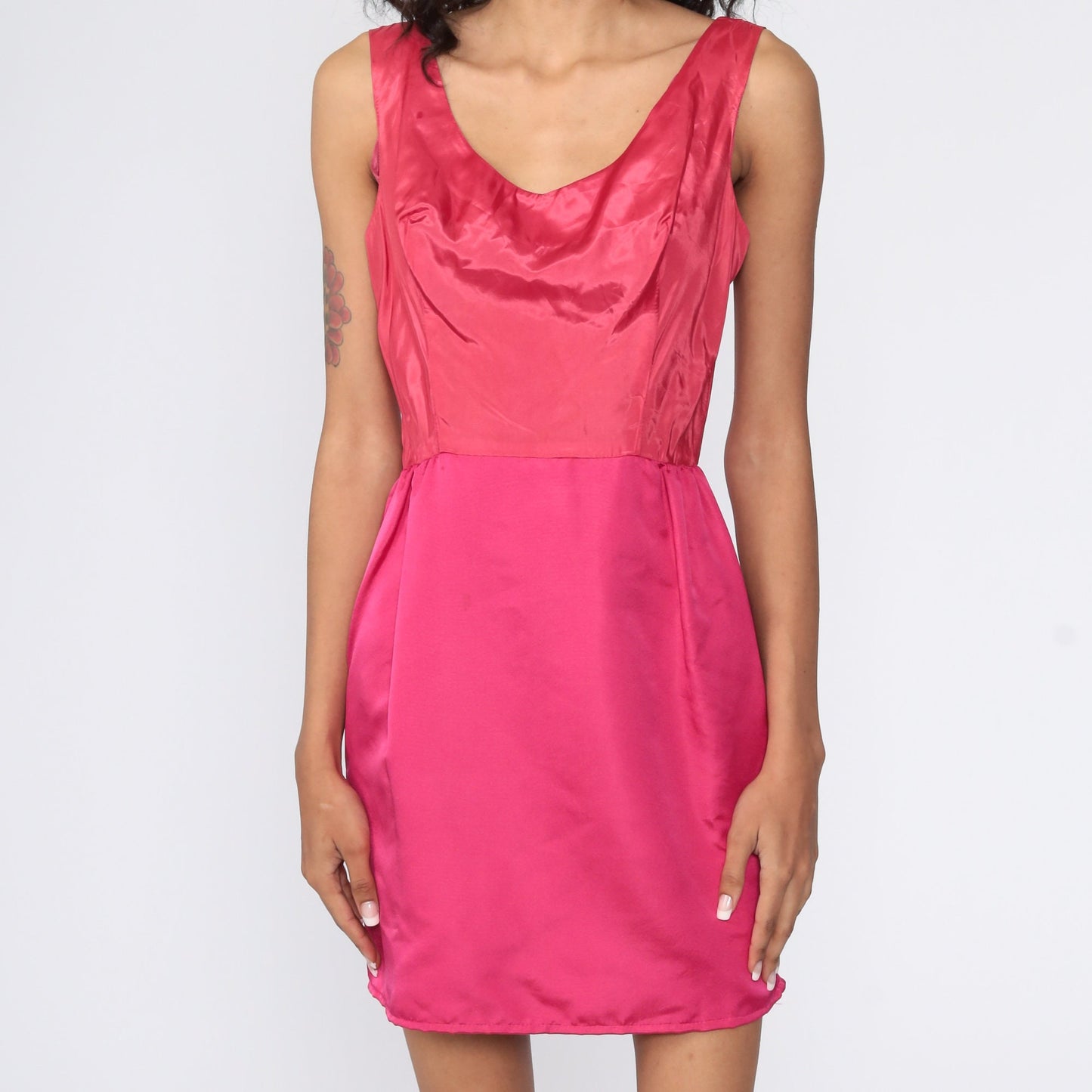60s Pink Satin Mini Dress Sleeveless High Waist Cocktail Extra Small XS