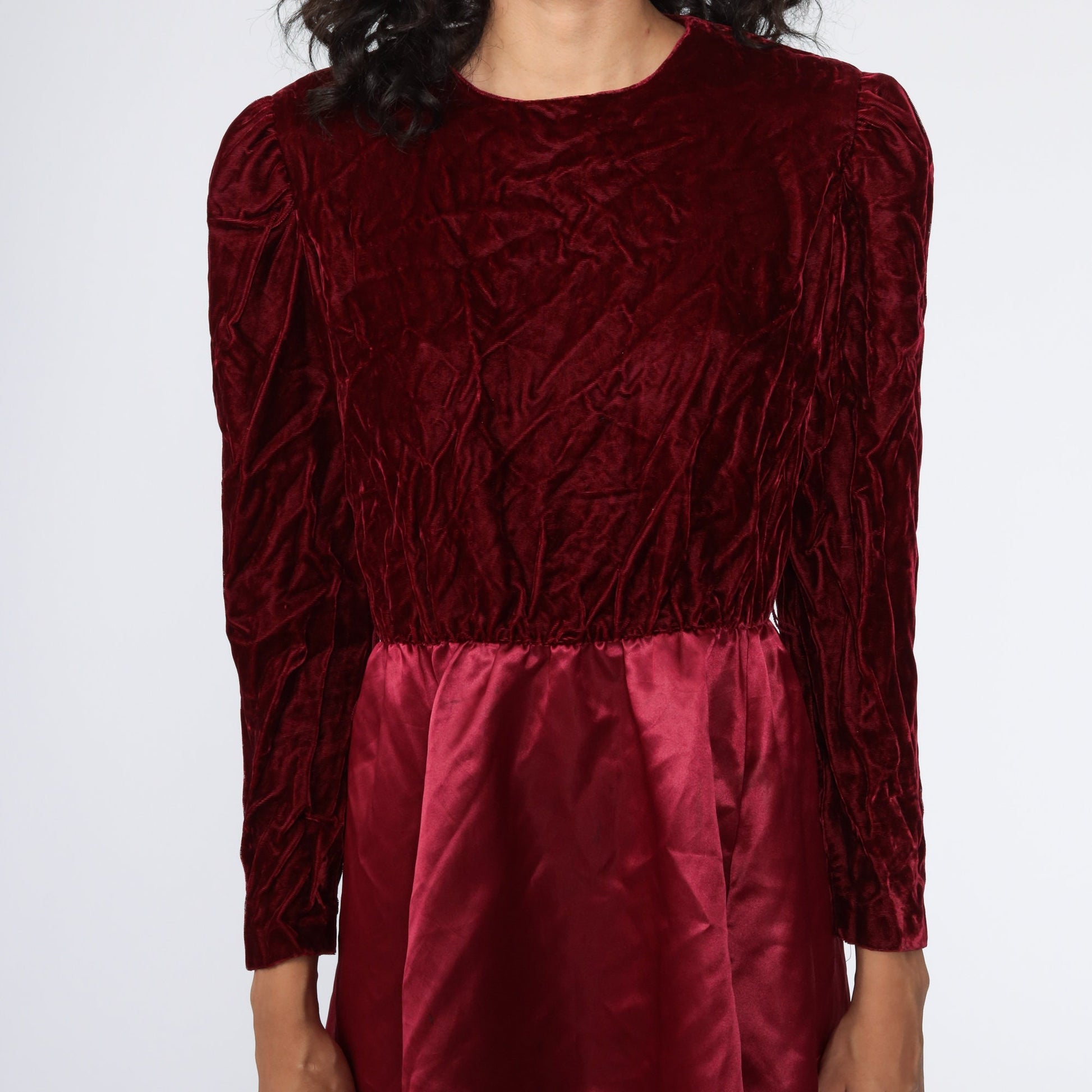 70s Red Velvet Mini Dress Puff Sleeve High Waist Party Medium