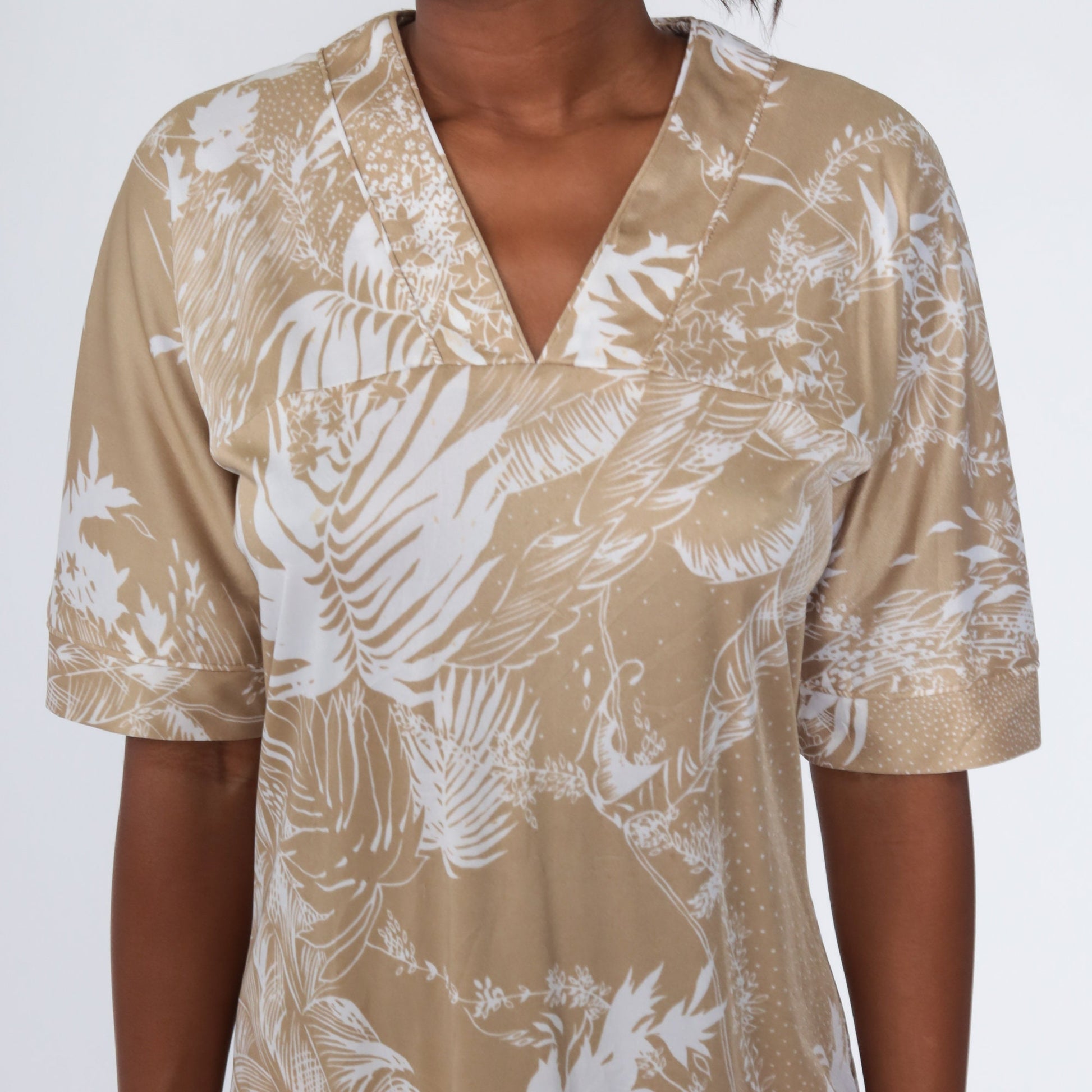70s Tropical Leaf Print Shift Mini Dress Tan Short Sleeve Medium Large