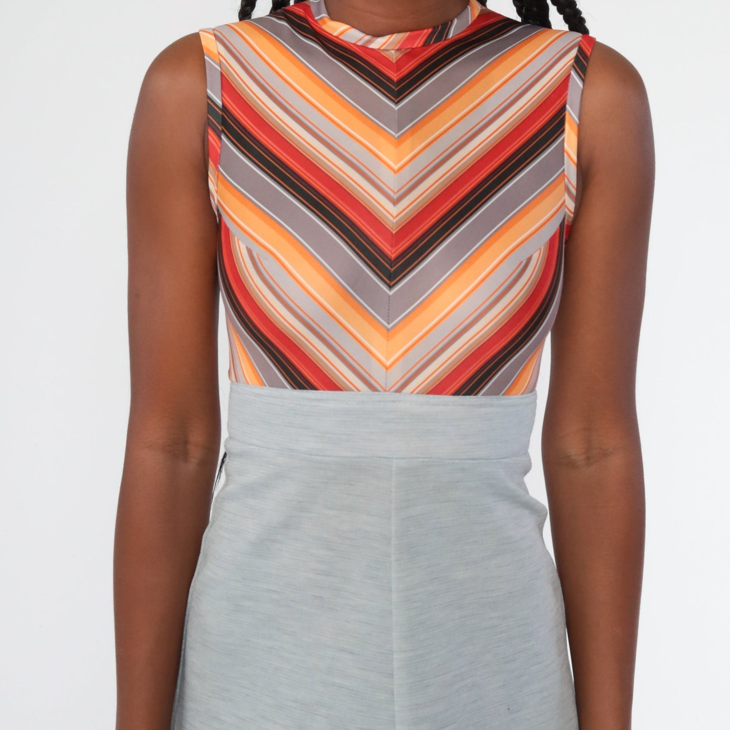 70s Chevron Stripe Mini Shift Dress Empire Waist Grey Orange Extra Small