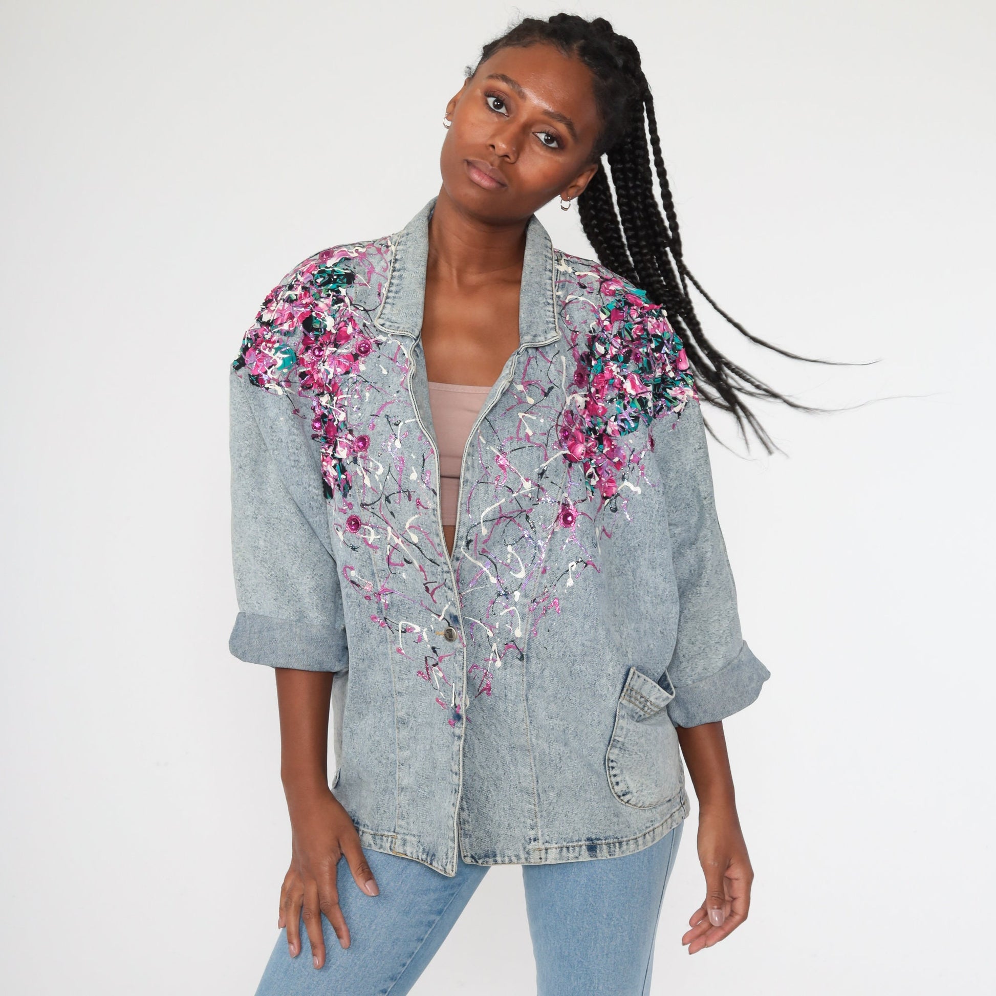 80s Acid Wash Denim Jacket Paint Splatter Glitter Blue Small