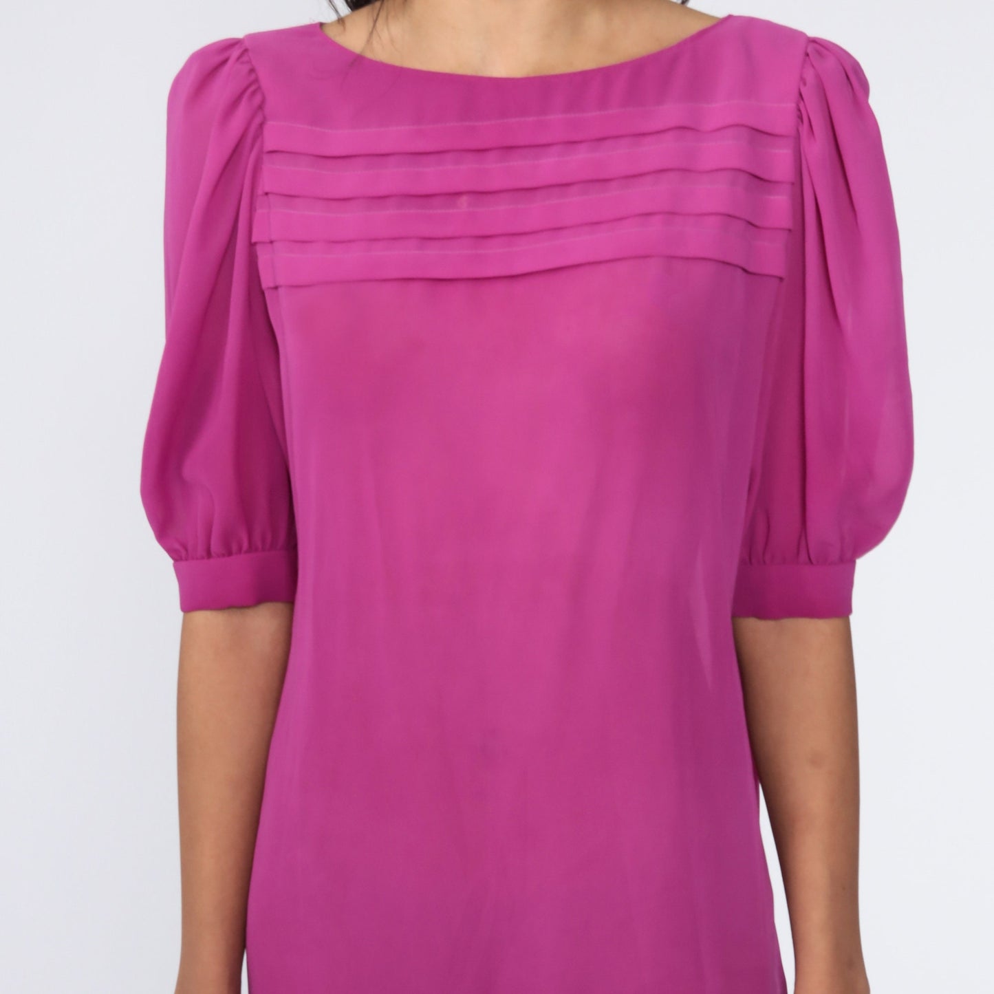 80s Purple Sheer Shift Dress Puff Sleeve Chiffon Medium