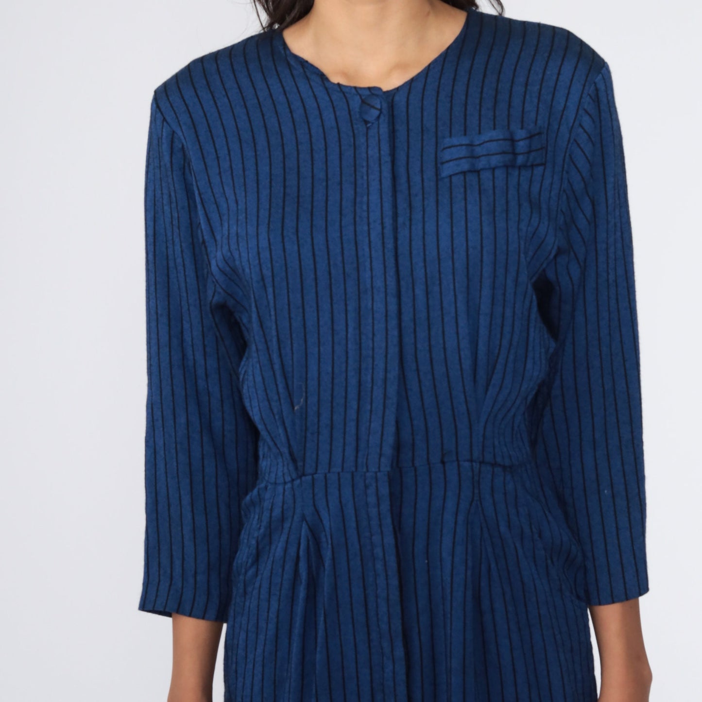 70s Blue Striped Button-Up Mini Dress High Waist Shirtdress Small S