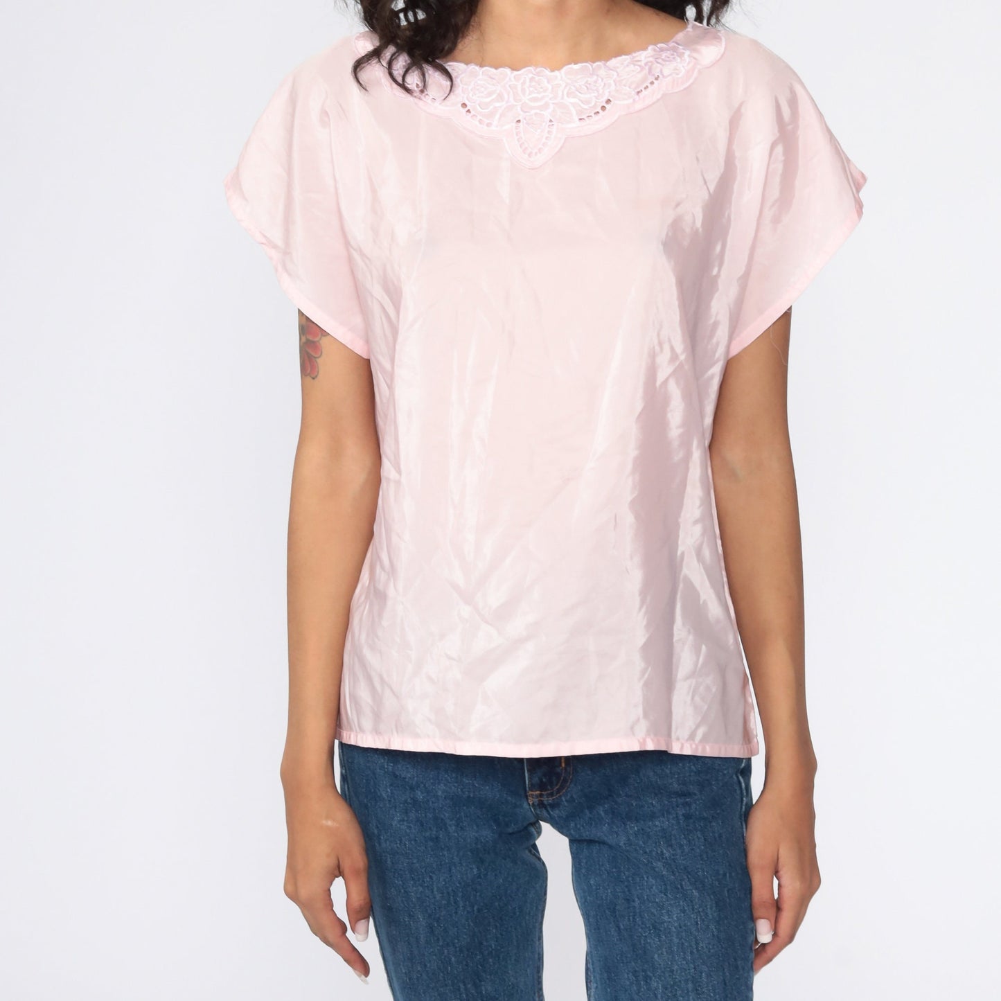 80s Baby Pink Cutwork Embroidered Blouse Floral Short Sleeve Medium