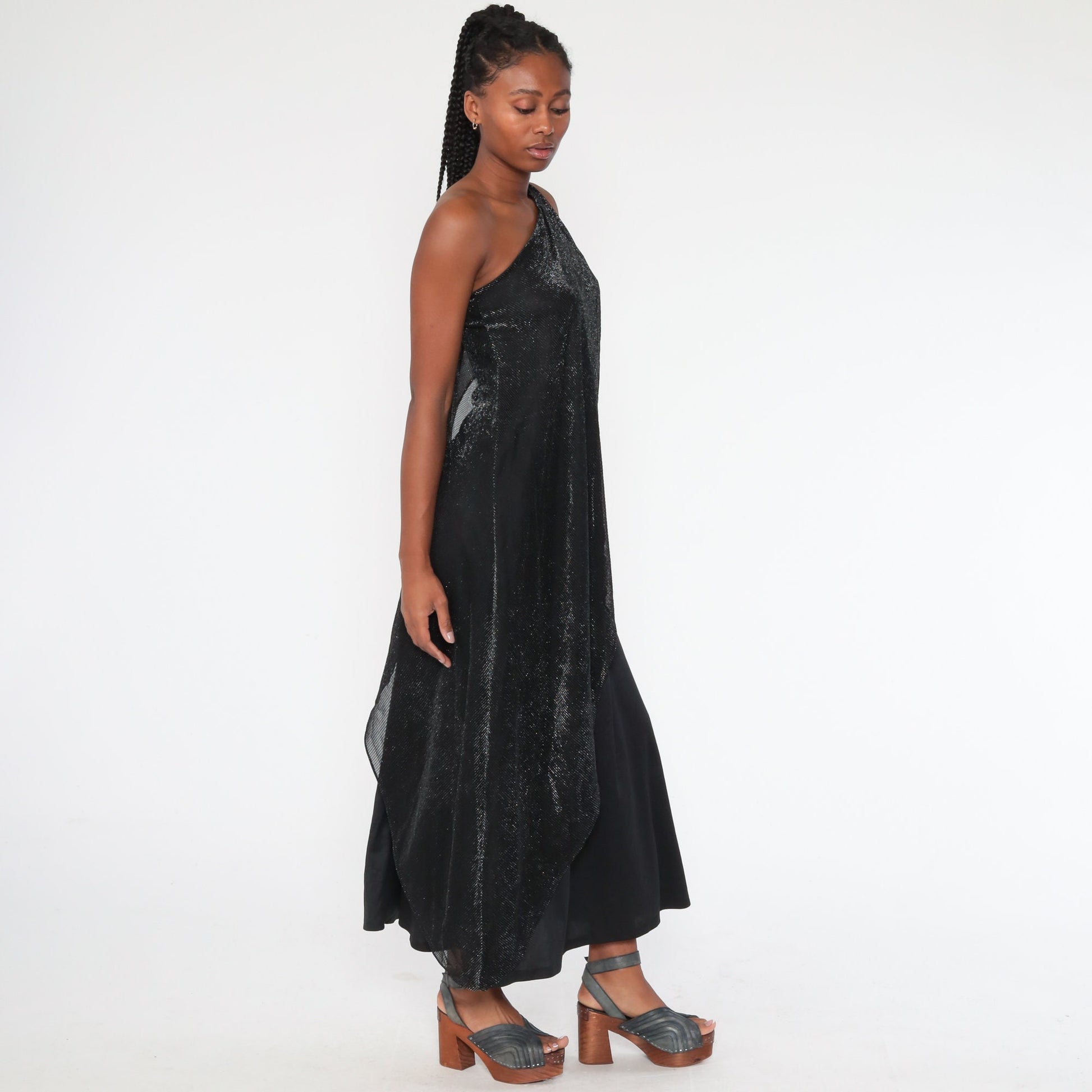 90s Black Metallic One-Shoulder Maxi Dress Draped Glitter Panel Extra Small