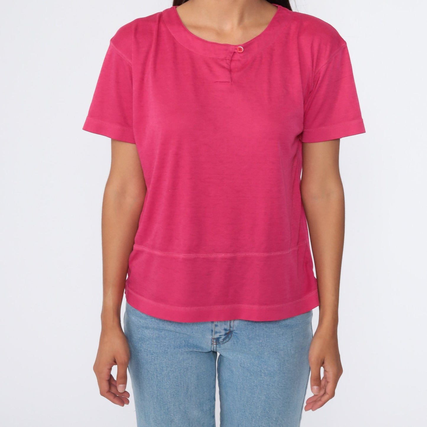 80s Hot Pink Button Neck T-Shirt Short Sleeve Cotton Blend Medium