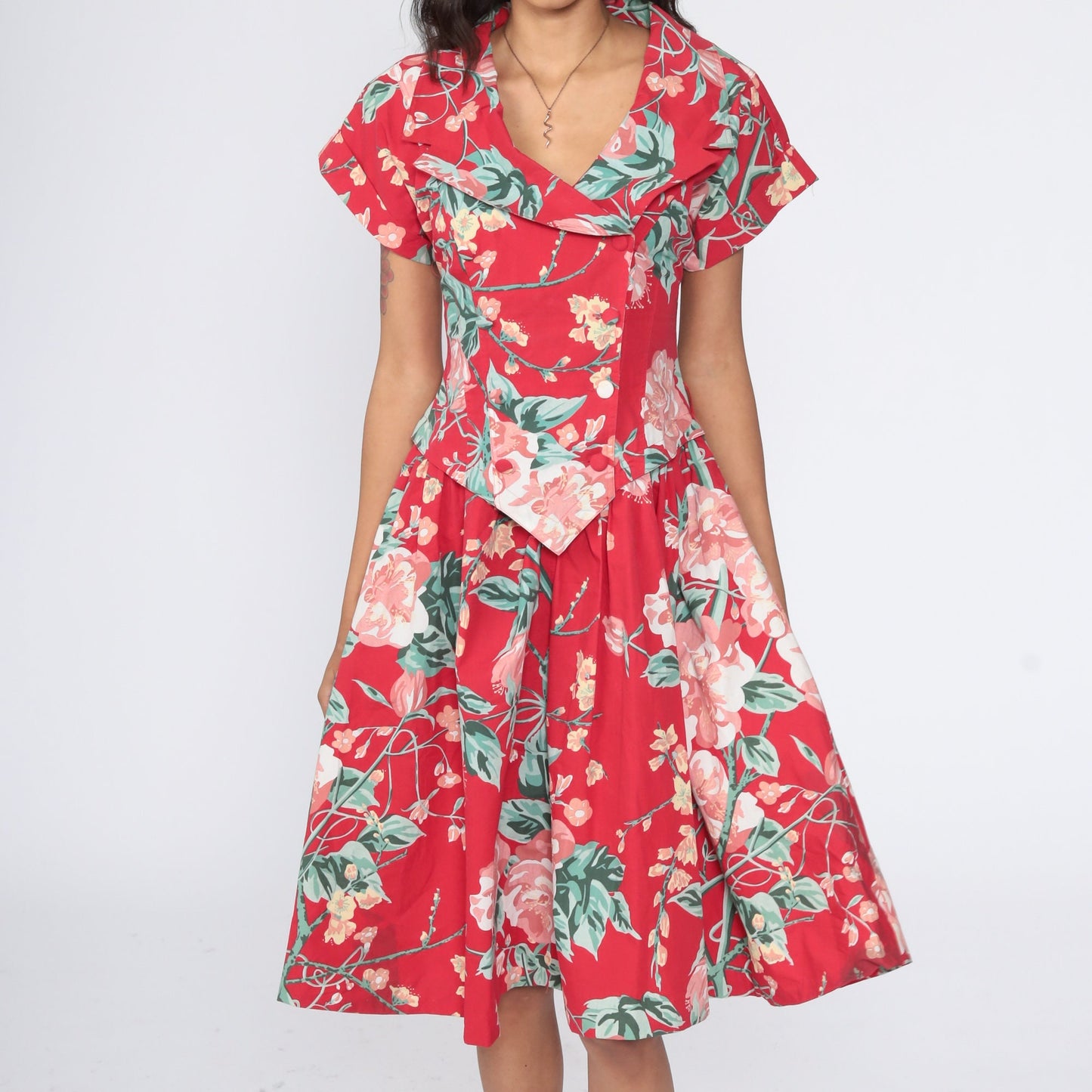 90s Red Floral Midi Dress High Waist Button Up Full Skirt Small
