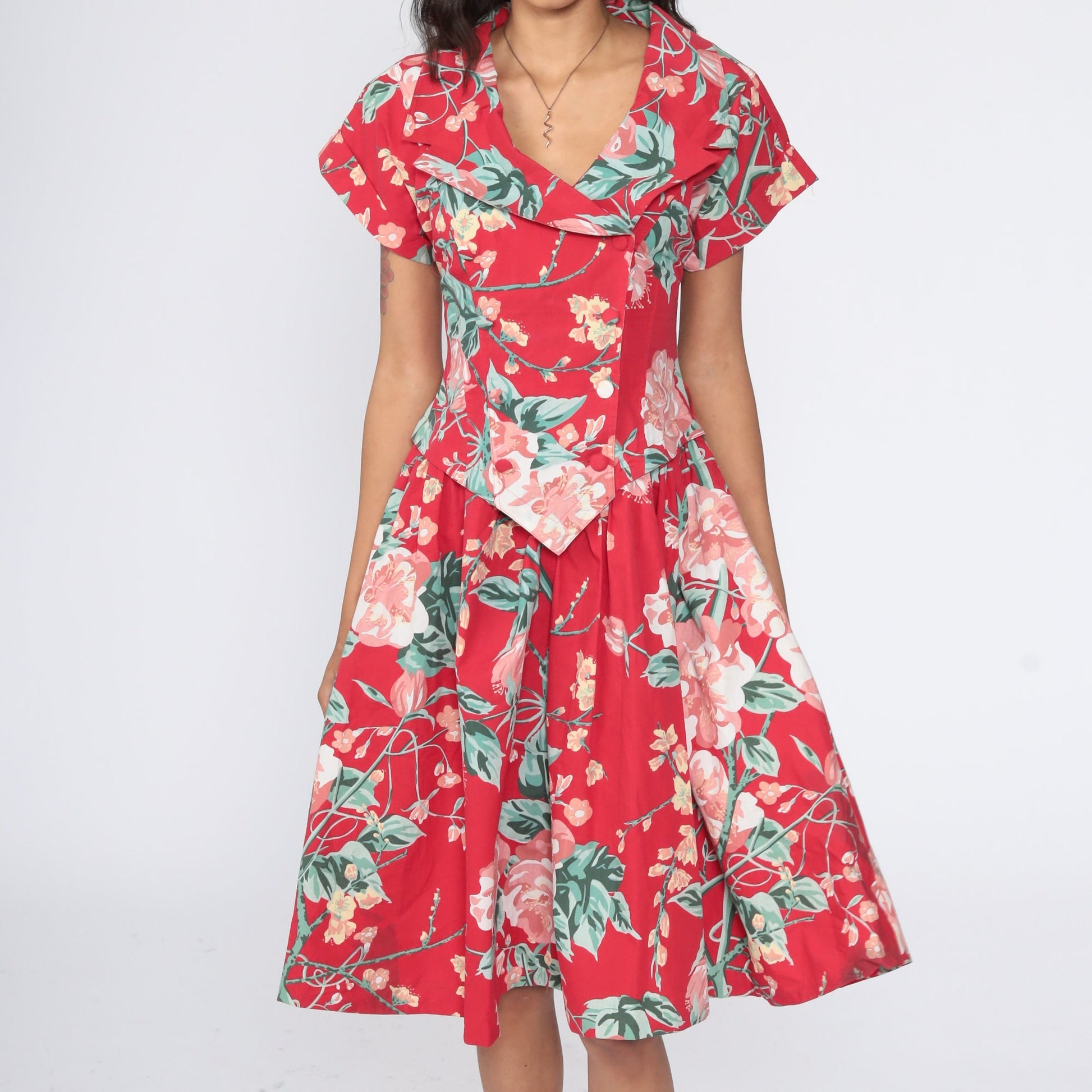 90s Red Floral Midi Dress High Waist Button Up Full Skirt Small
