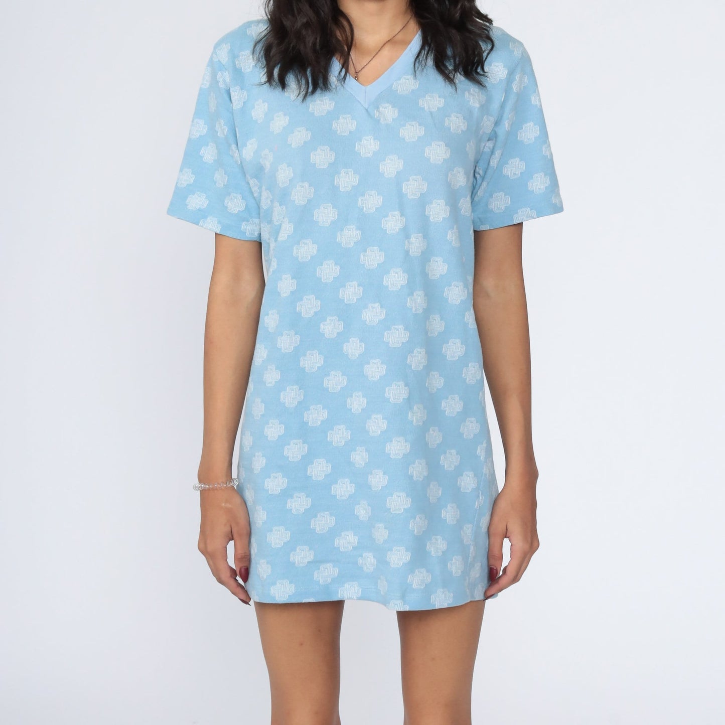 70s Geometric Print Shift Dress Mini Length Cotton Short Sleeve Medium