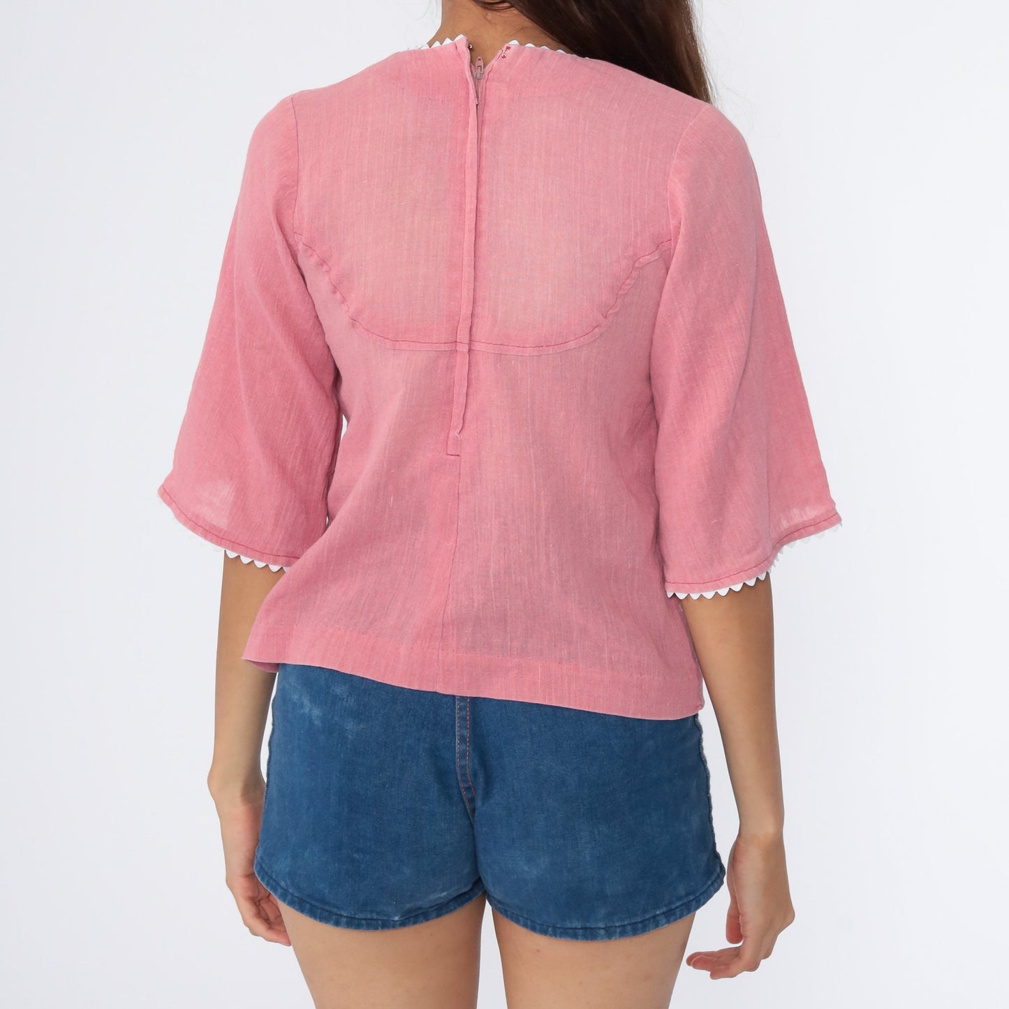 70s Pink Cotton Tunic Top Wide Sleeve Blouse Extra Small XS