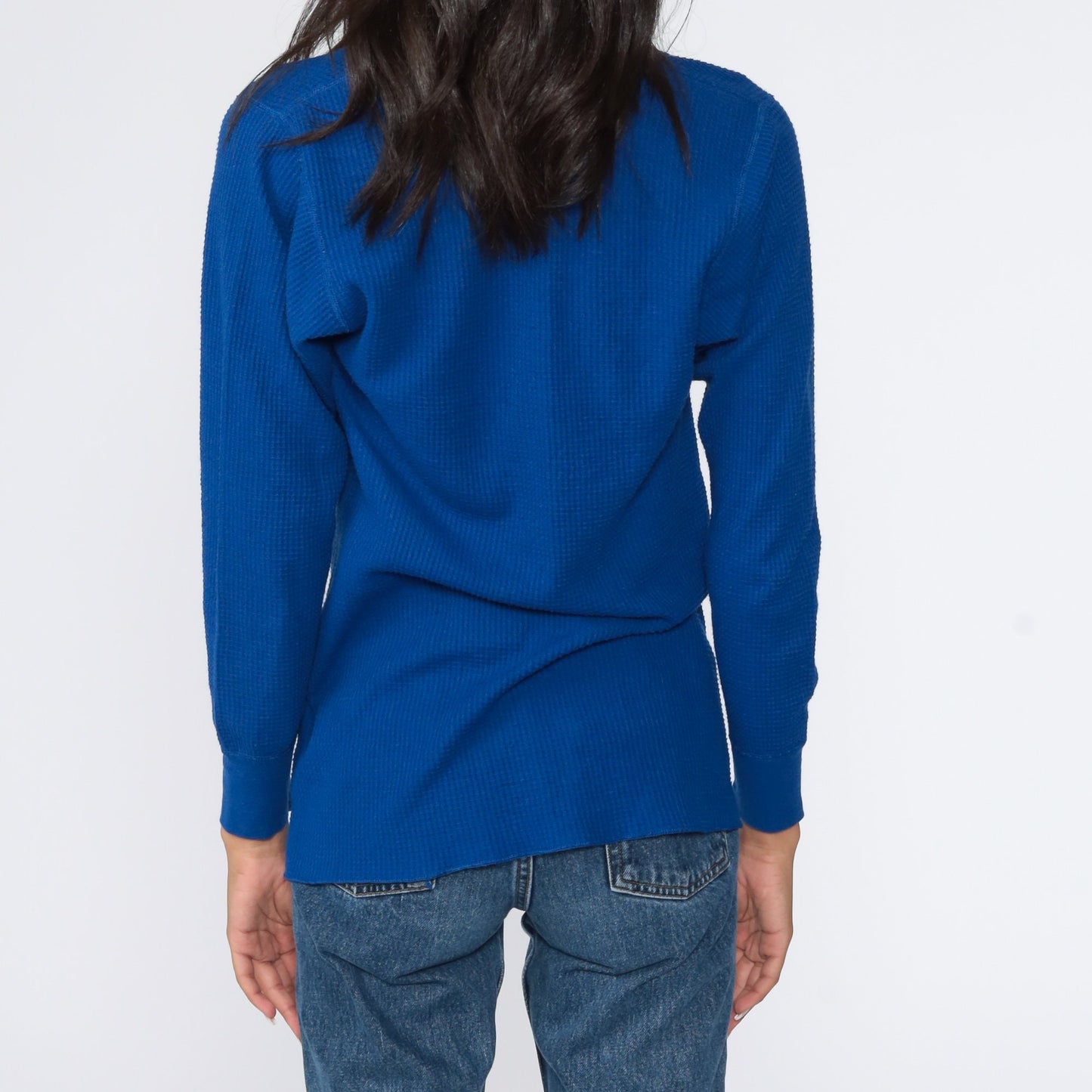 90s Blue Waffle Knit Thermal Henley Long Sleeve Shirt Large