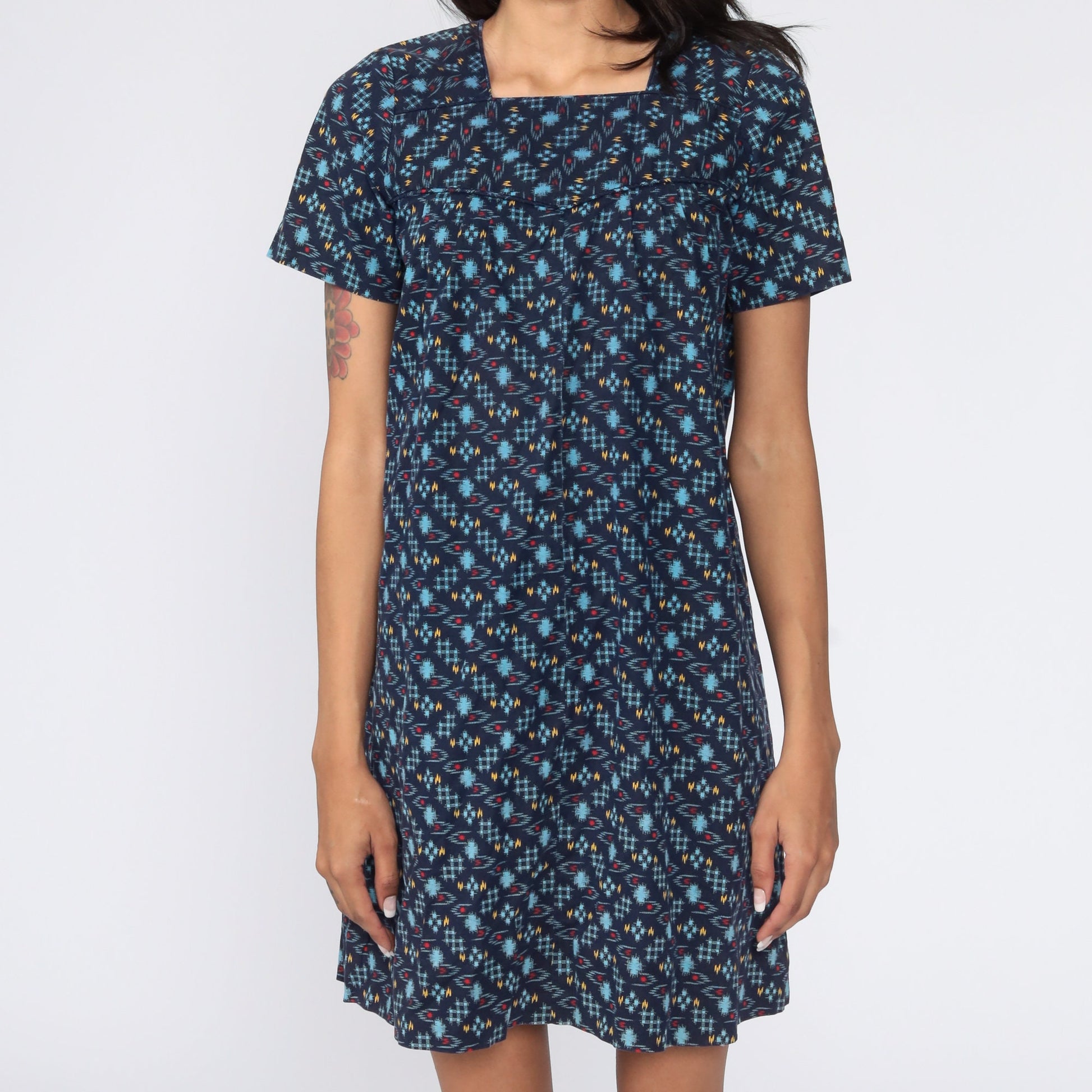 60s Mod Mini Dress Blue Checkered Shift Twiggy Small