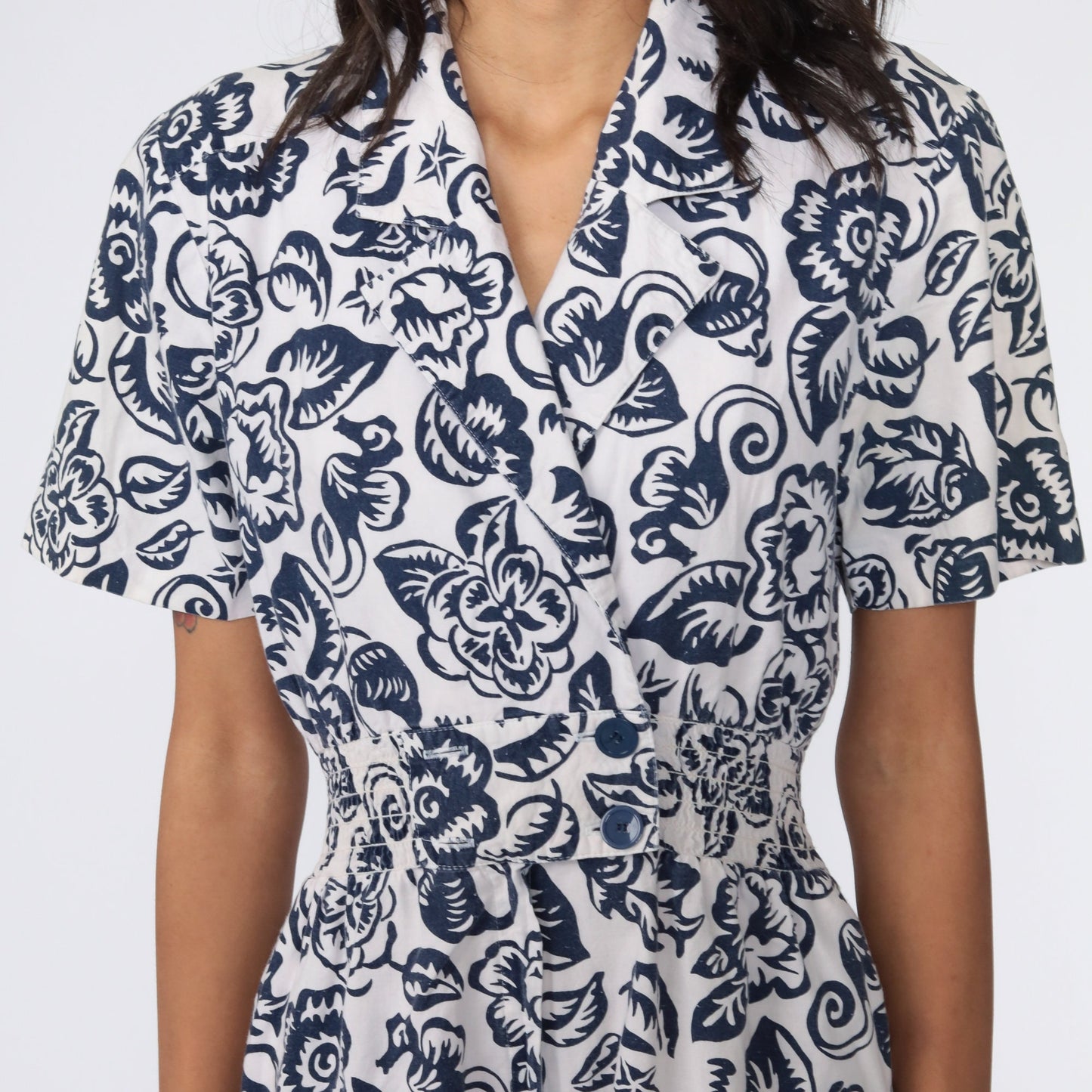90s Floral Romper White Blue V-Neck High Waist Playsuit Small S