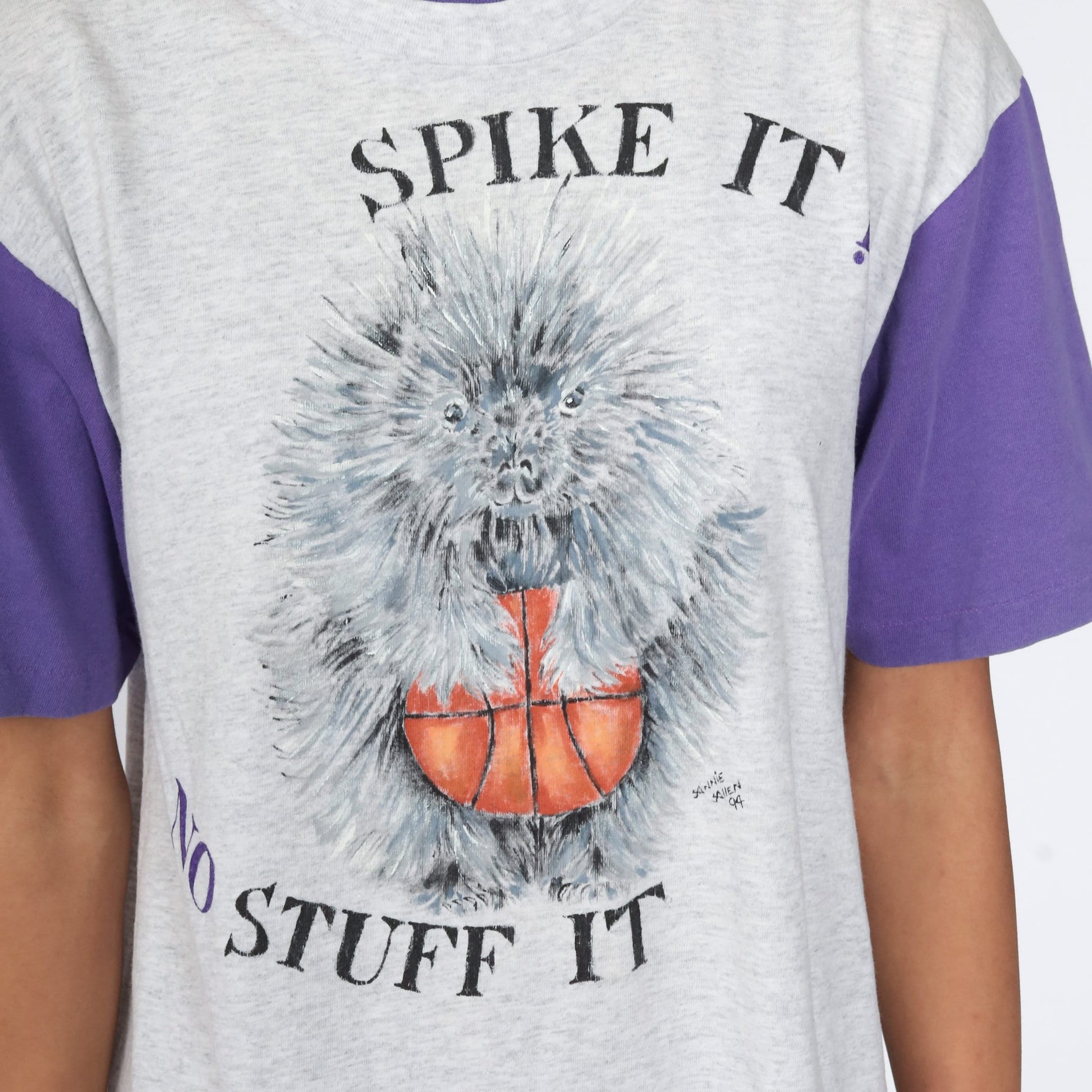 80s Porcupine Basketball Graphic T-Shirt Grey Ringer Tee Medium