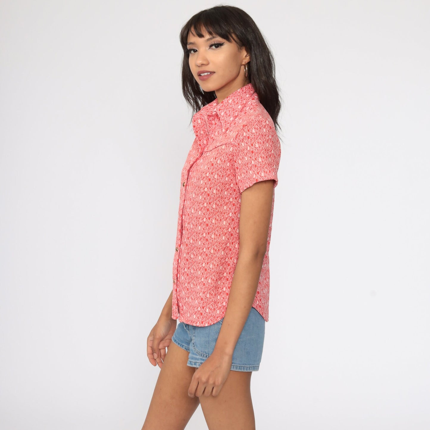 70s Orange Dagger Collar Button-Up Shirt Short Sleeve Small