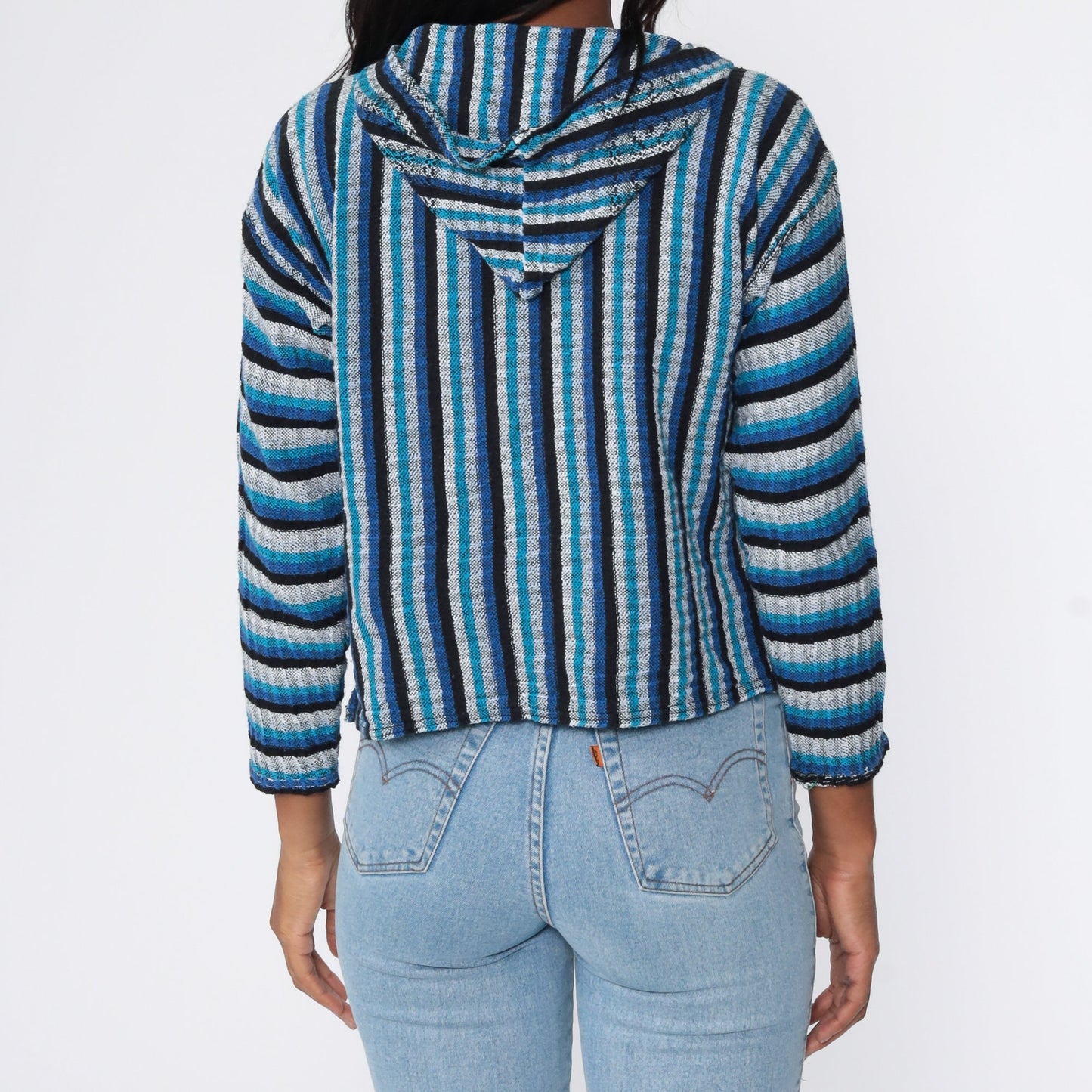 00s Mexican Baja Hoodie Blue Stripe Cotton Kangaroo Pocket Small Medium