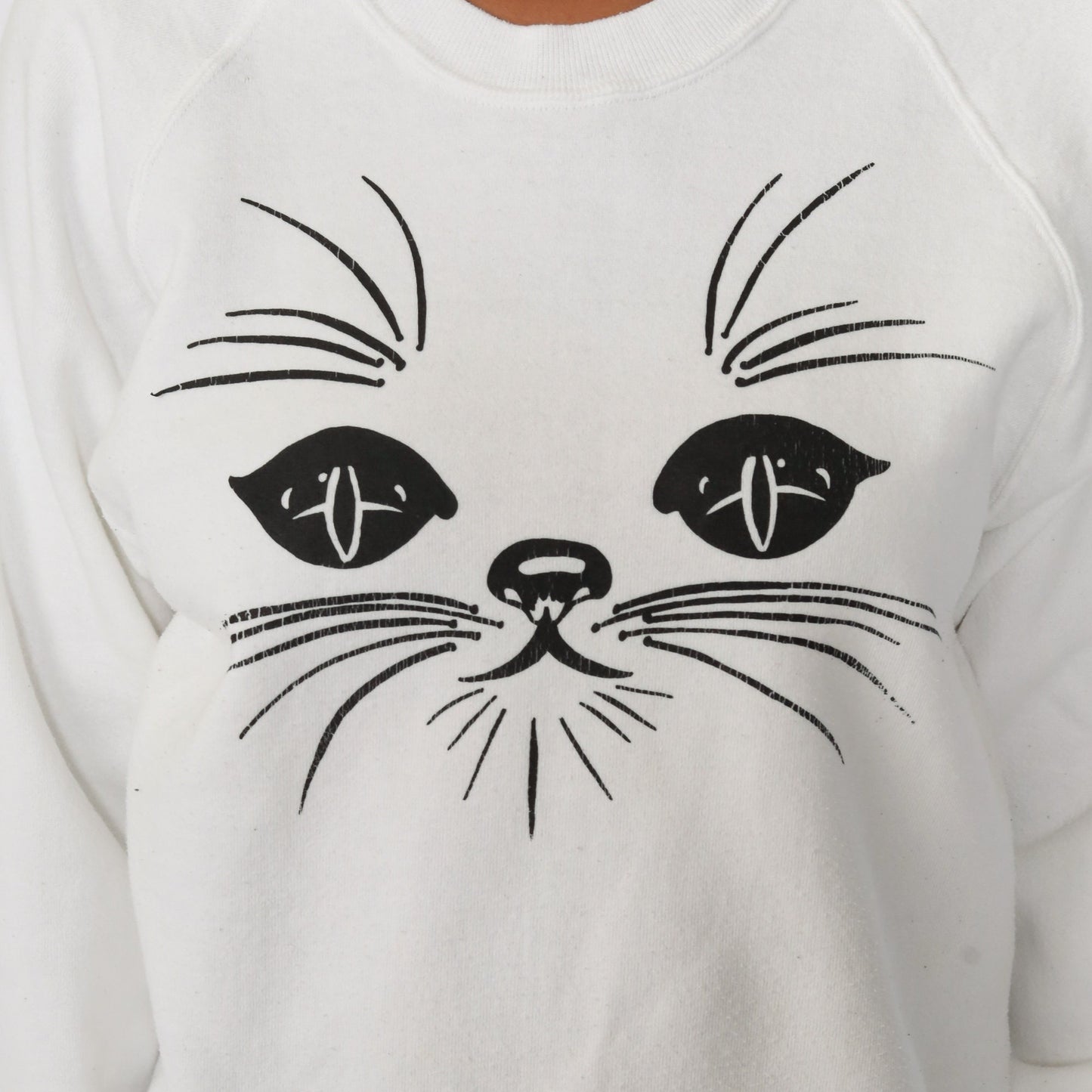 80s Jerzees Cat Face Raglan Sweatshirt White Graphic Crewneck Medium