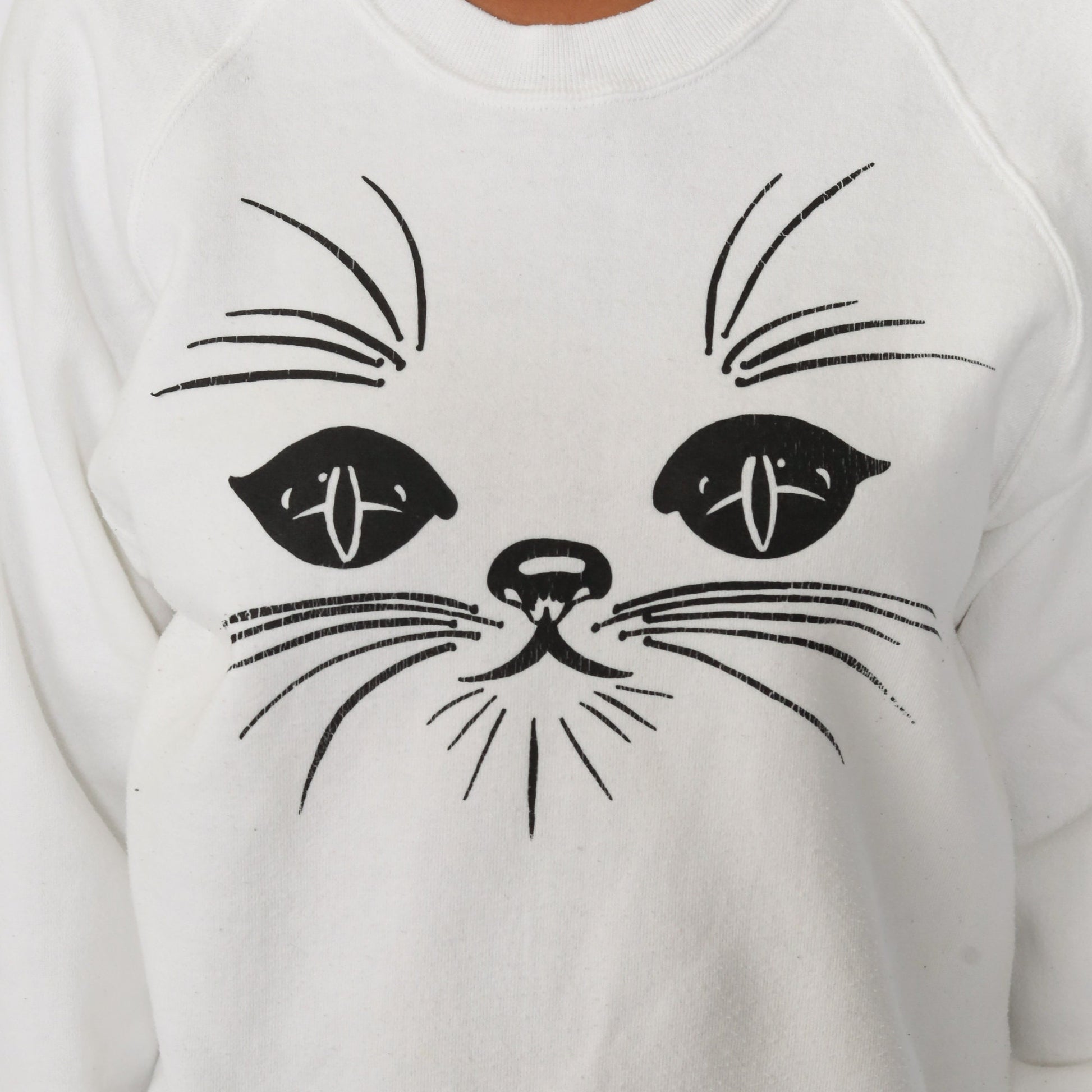 80s Jerzees Cat Face Raglan Sweatshirt White Graphic Crewneck Medium