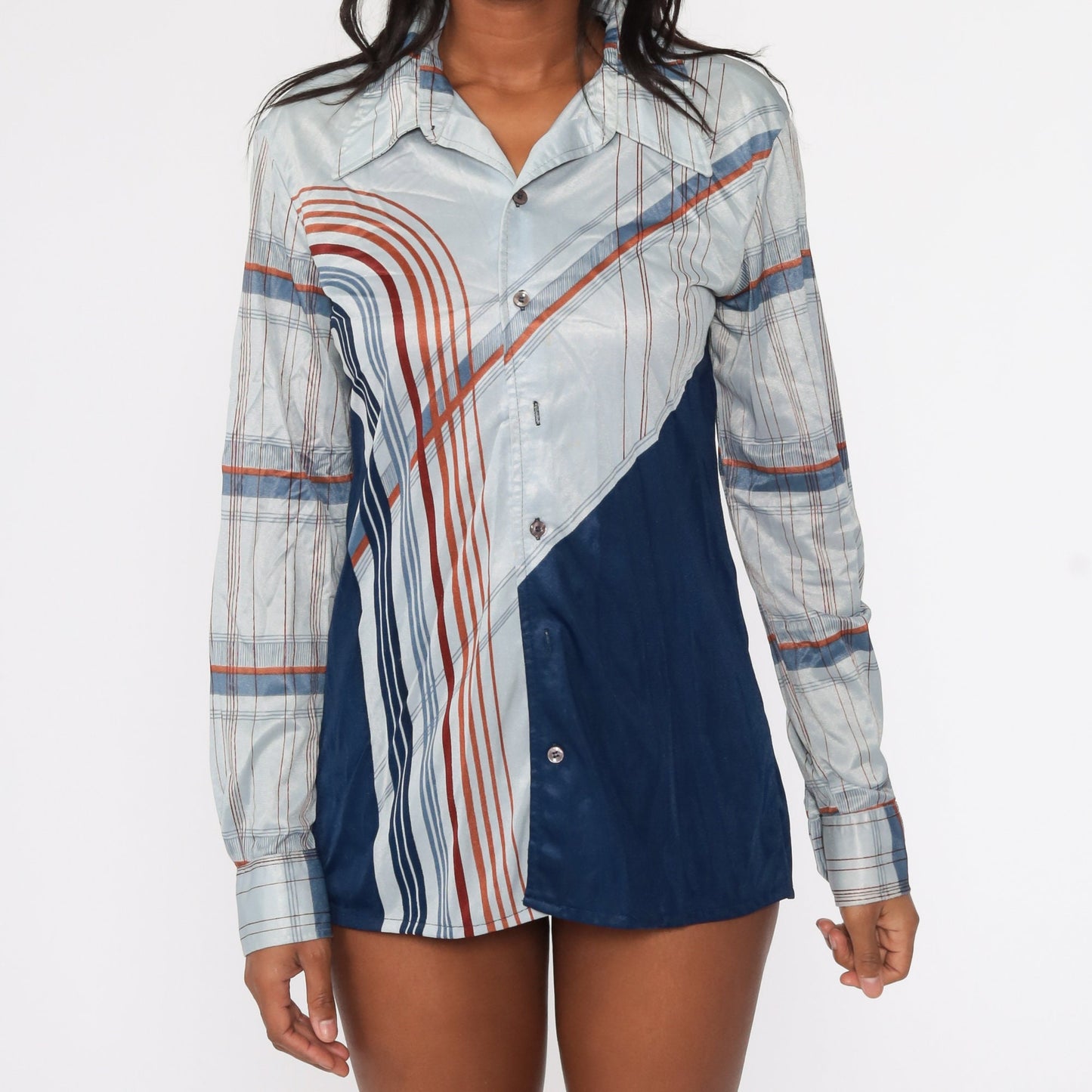 70s Psychedelic Stripe Button Up Blouse Grey Blue Long Sleeve Large L