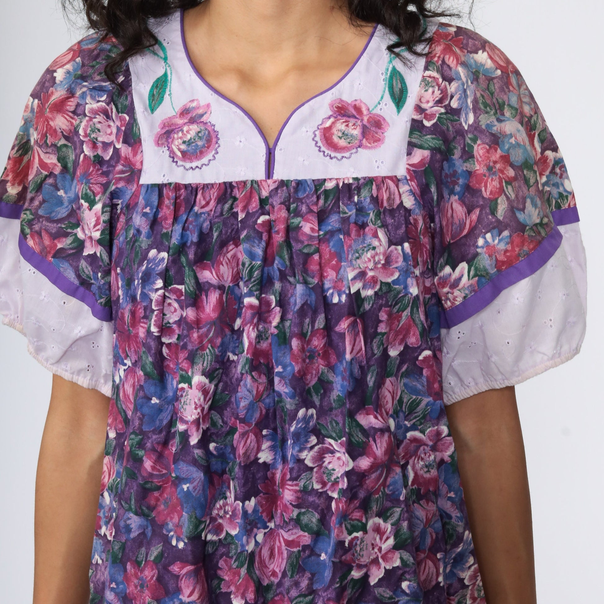 80s Floral Purple Mini Dress Eyelet Lace Tent Cut Small