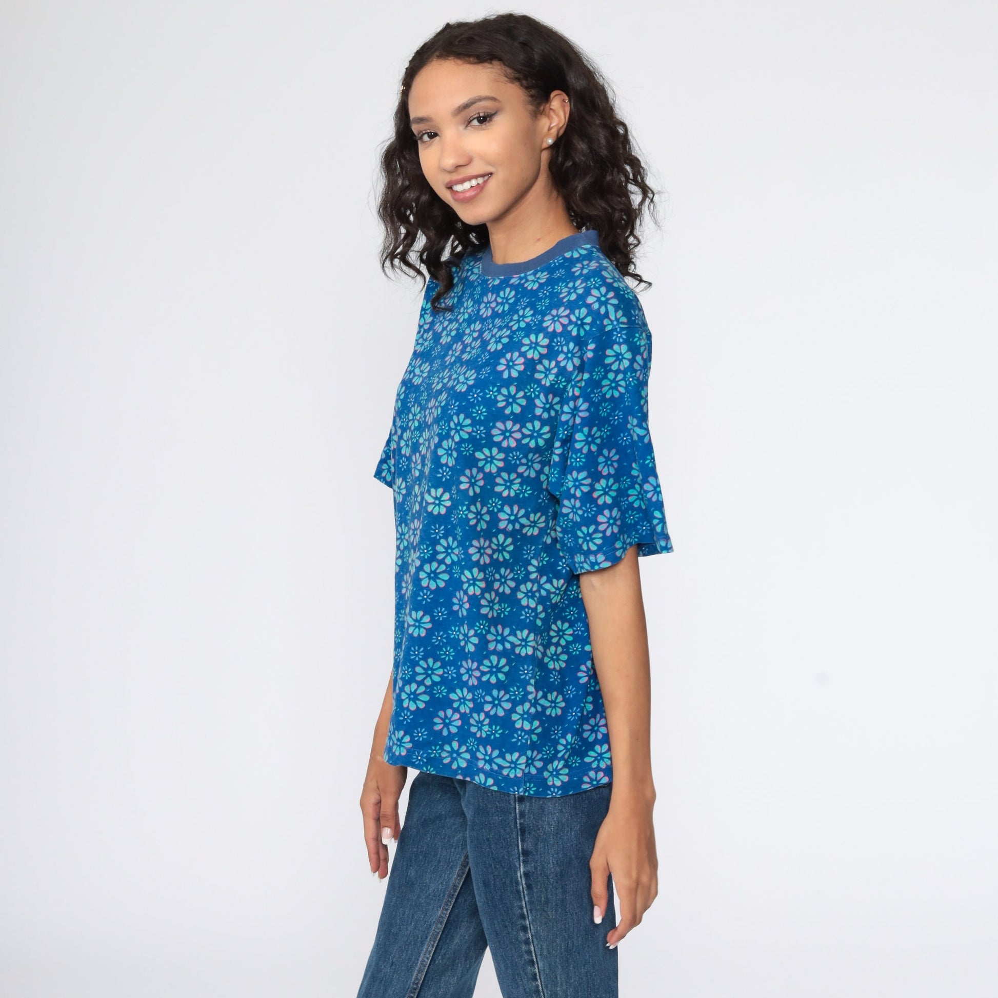 90s Floral Graphic T-Shirt Blue Flower Print Ringer Tee Medium M