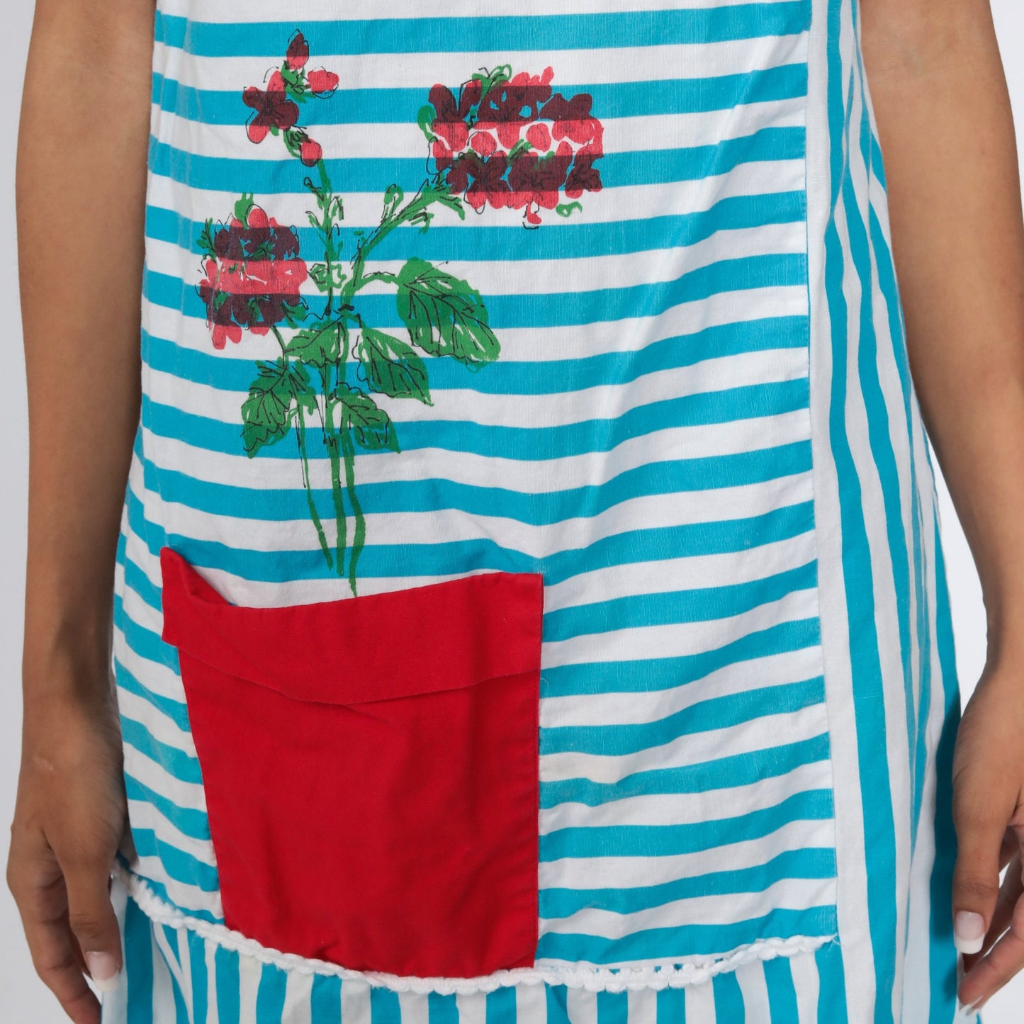 60s Floral Shift Dress Flower Pot Print Mini Blue Sleeveless Small