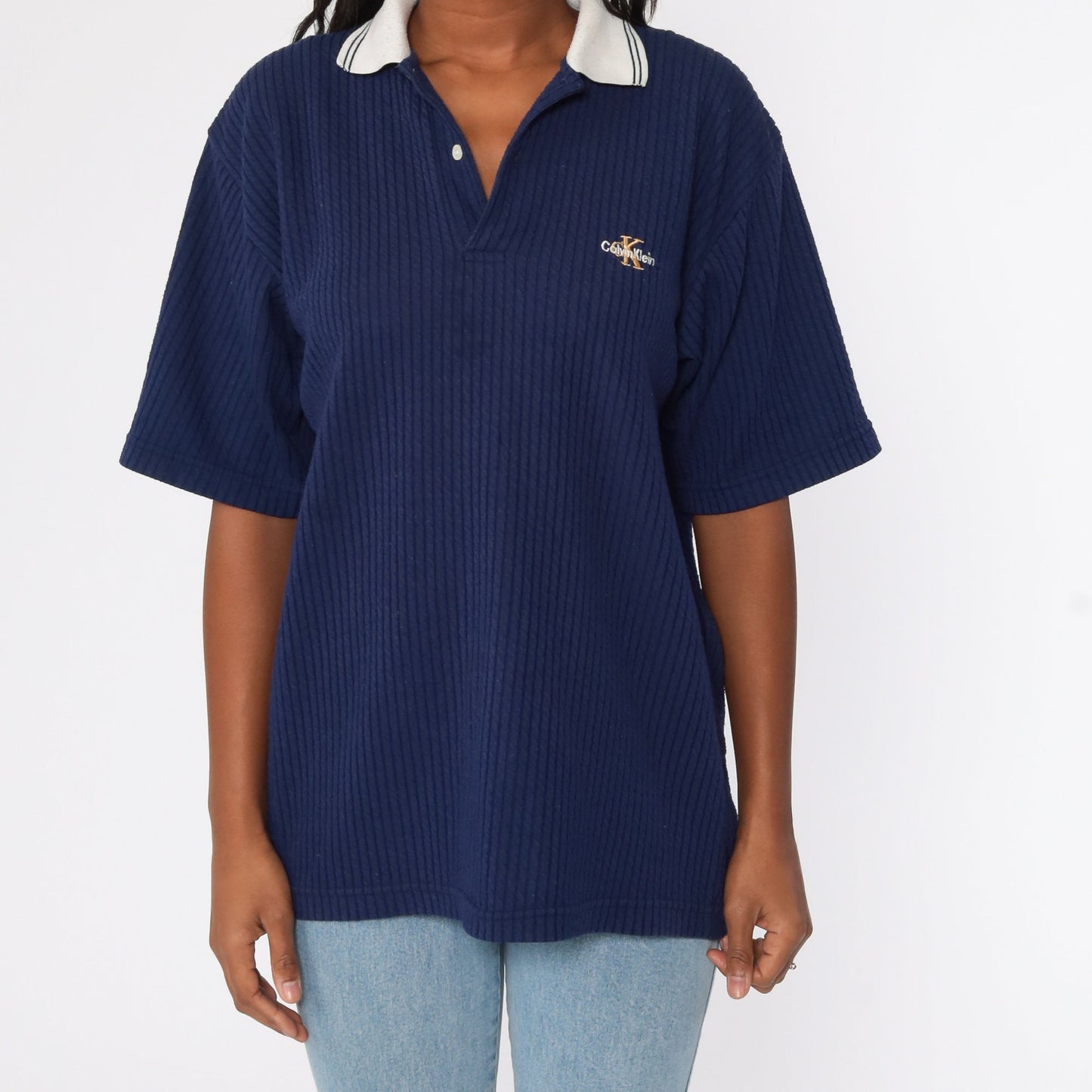 Calvin Klein 90s Polo Shirt Navy Blue Cotton Blend Large