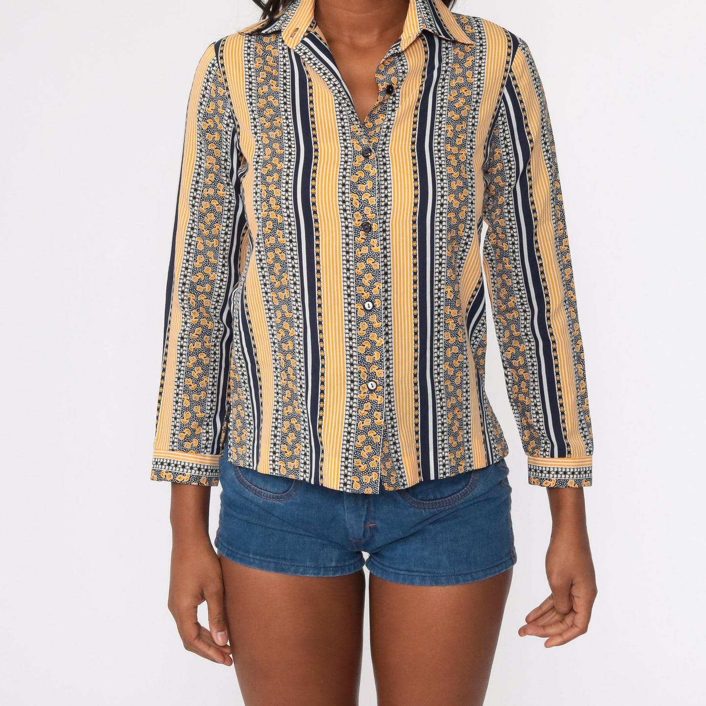 70s Floral Striped Shirt Dagger Collar Yellow Button Up Blouse Small