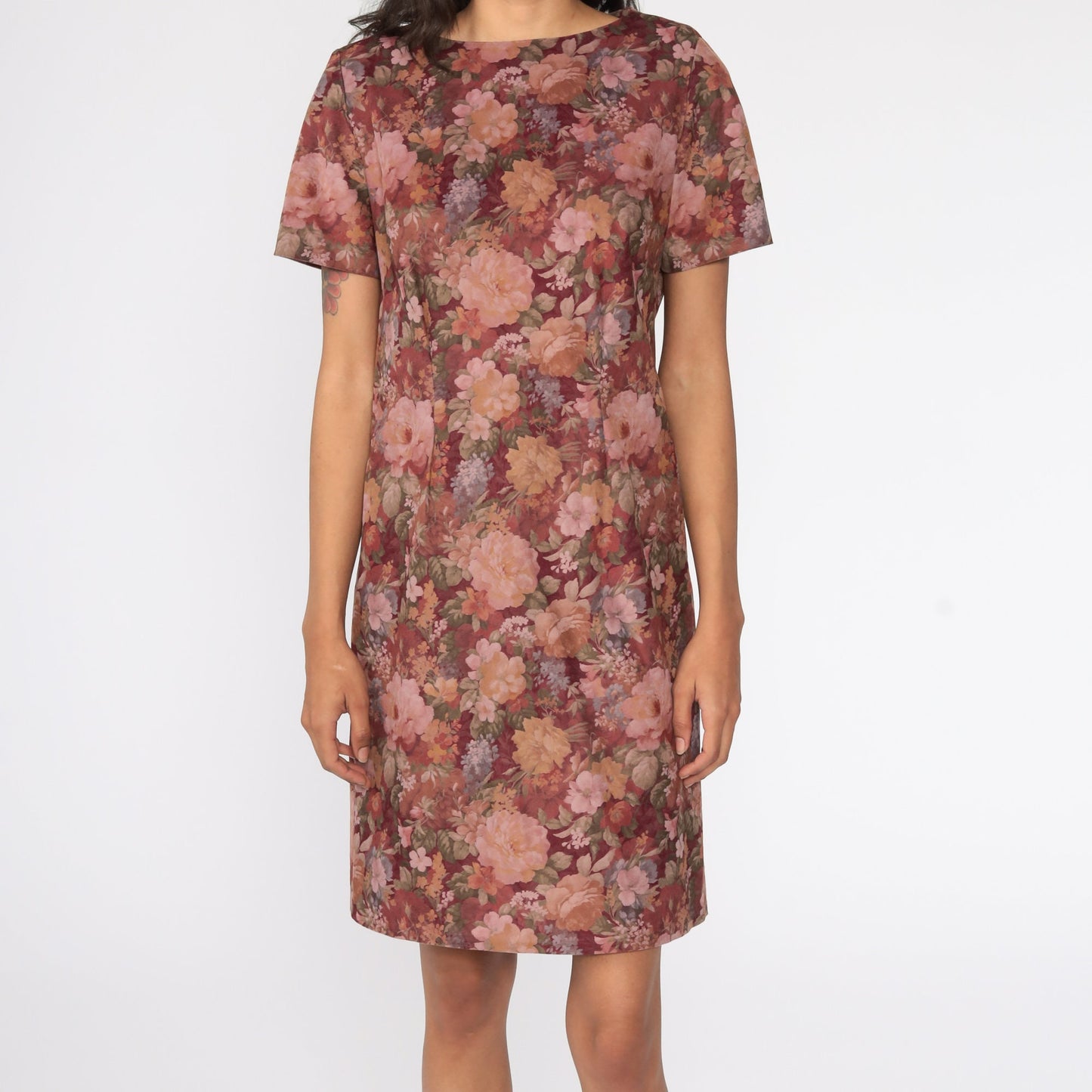 90s Floral Mini Dress Burgundy Shift Faux Suede Short Sleeve Medium
