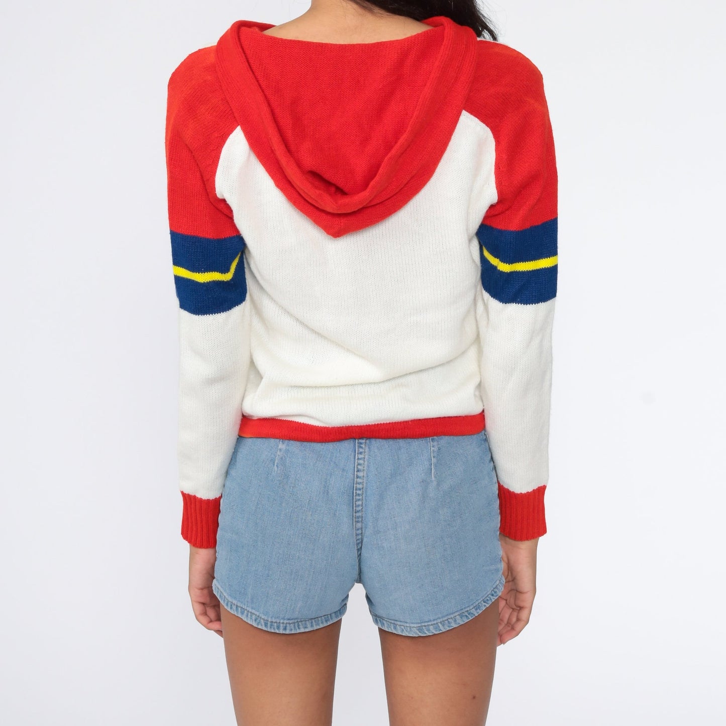 70s White Red Striped Hooded Sweater Knit Pullover Kangaroo Pocket Small