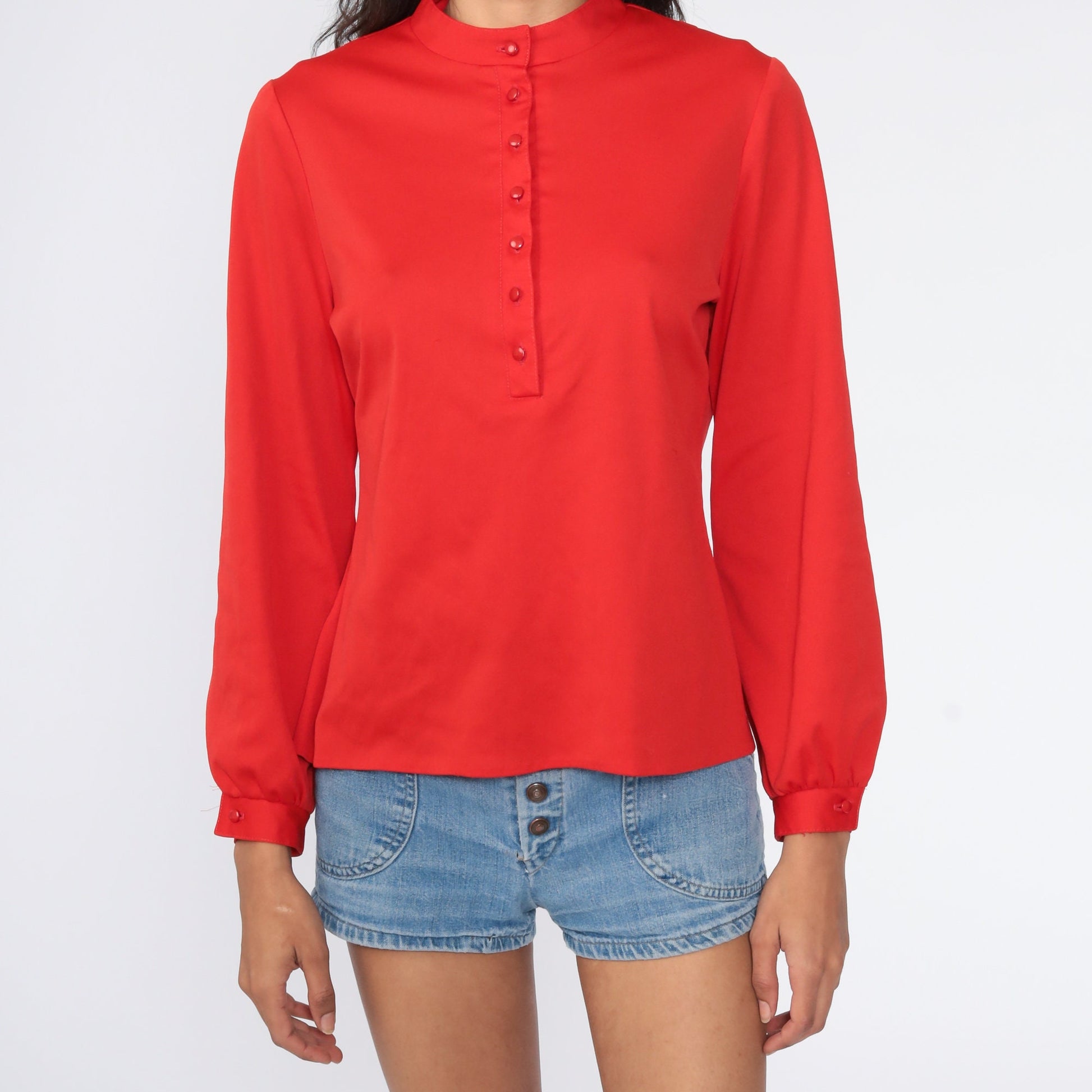 70s Red Half-Button Polyester Blouse Collarless Long Sleeve Medium