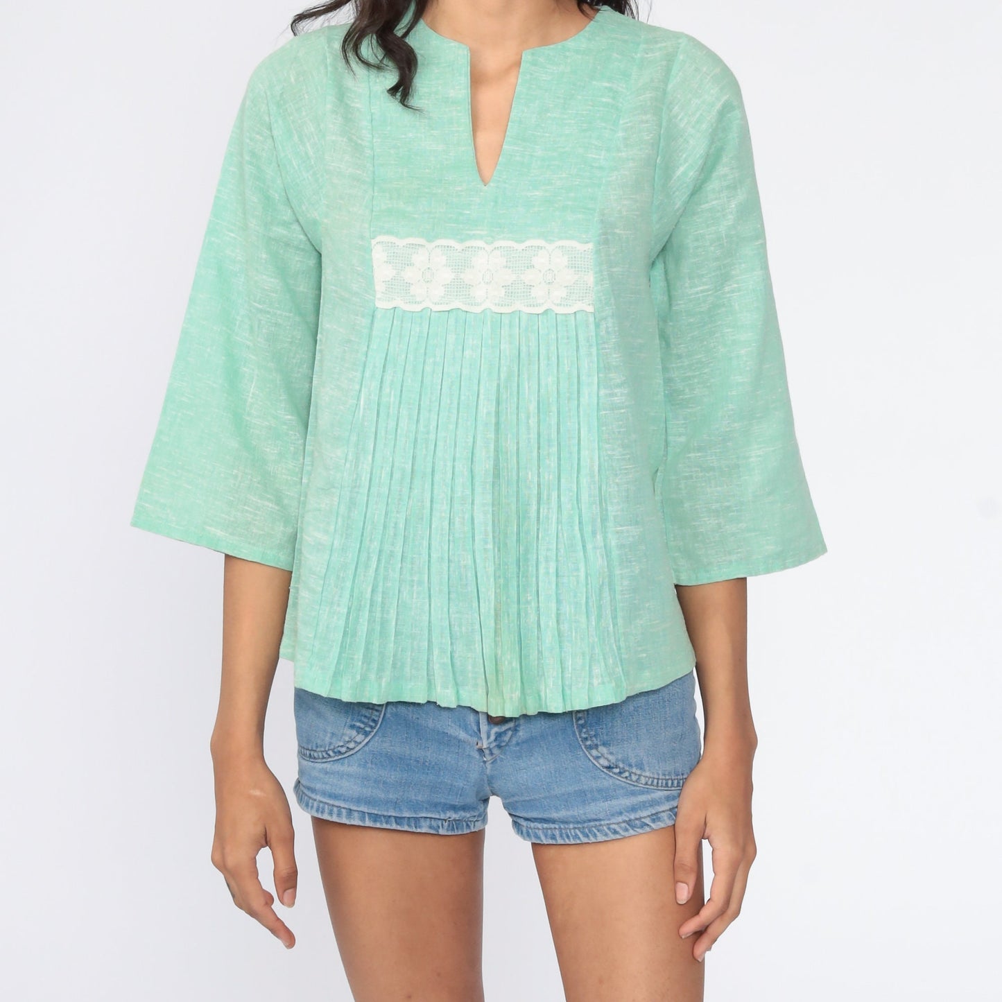70s Mint Green Cotton Gauze Tunic Bell Sleeve Lace Trim Blouse Small