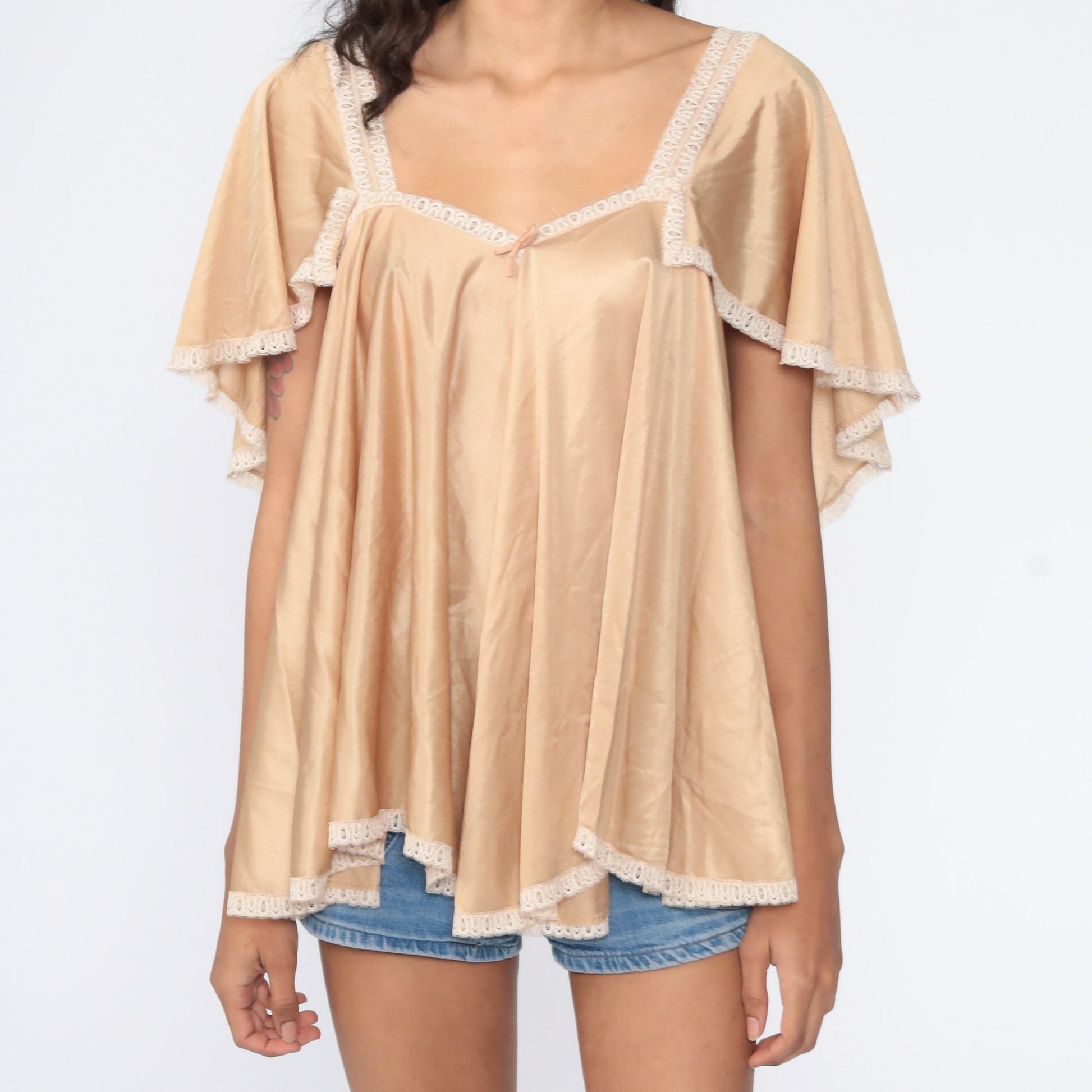 70s Tan Flutter Sleeve Tent Top Tunic Blouse Extra Small