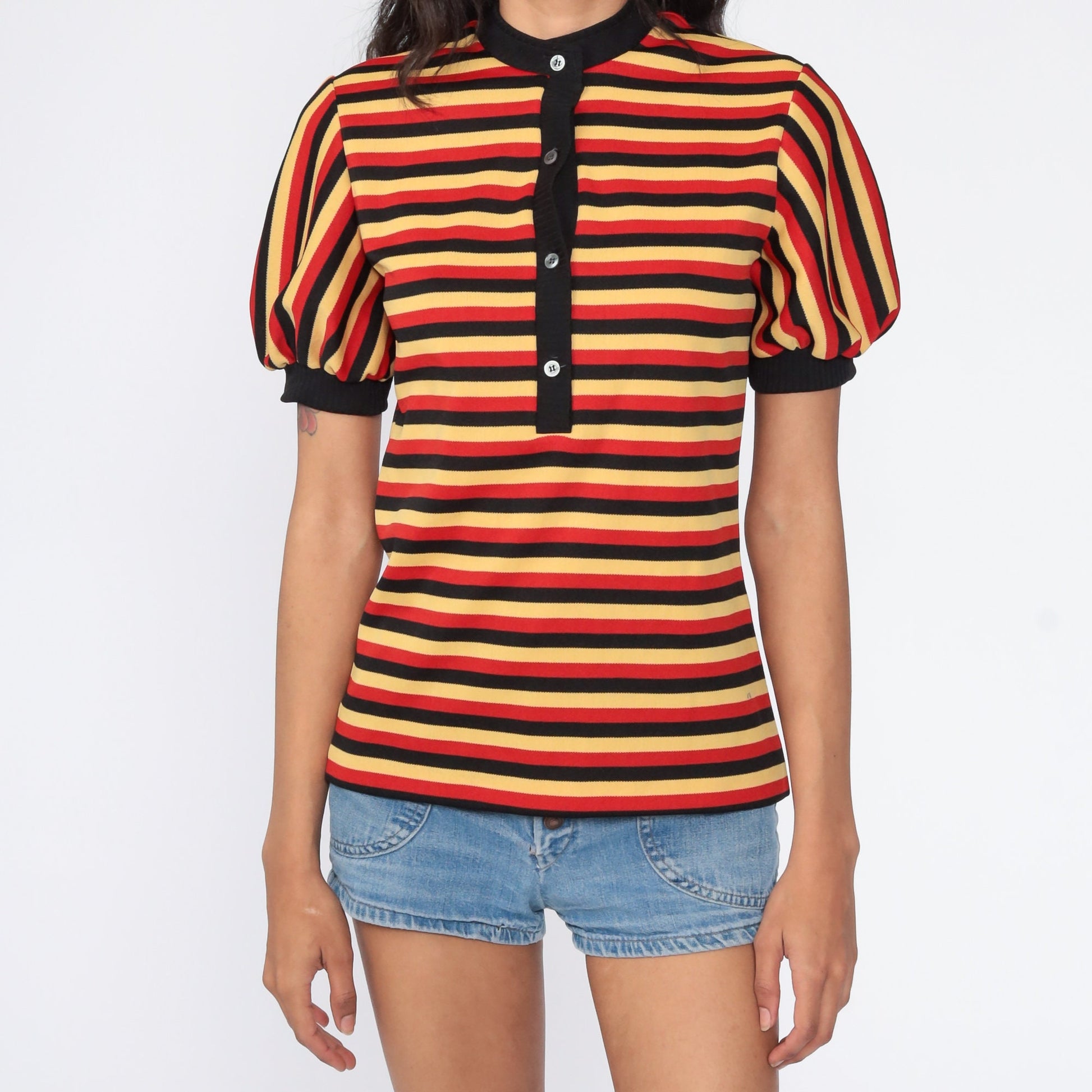 70s Red Yellow Striped Puff Sleeve Button-Up Blouse Small