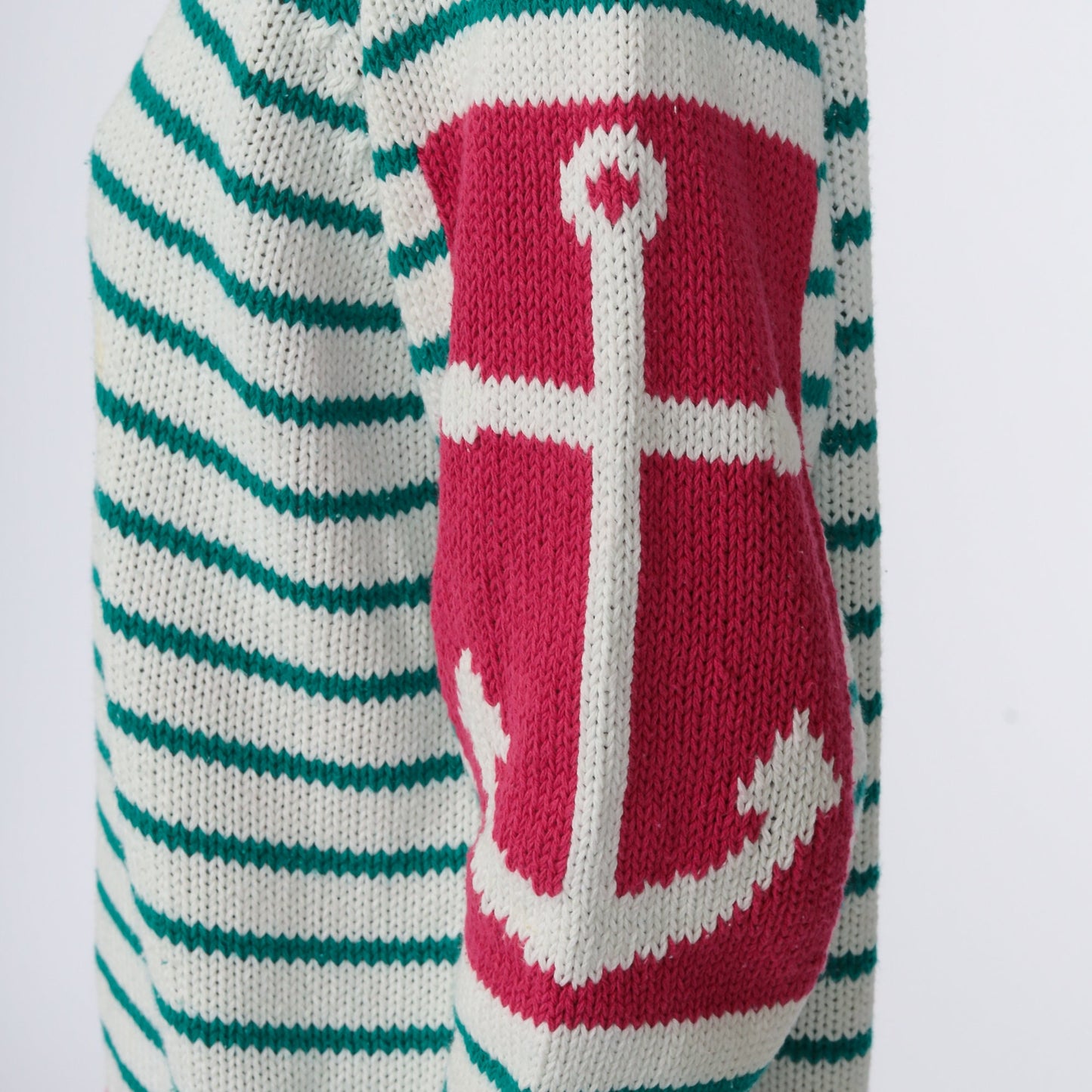 90s Nautical Anchor Striped Knit Sweater White Green Small