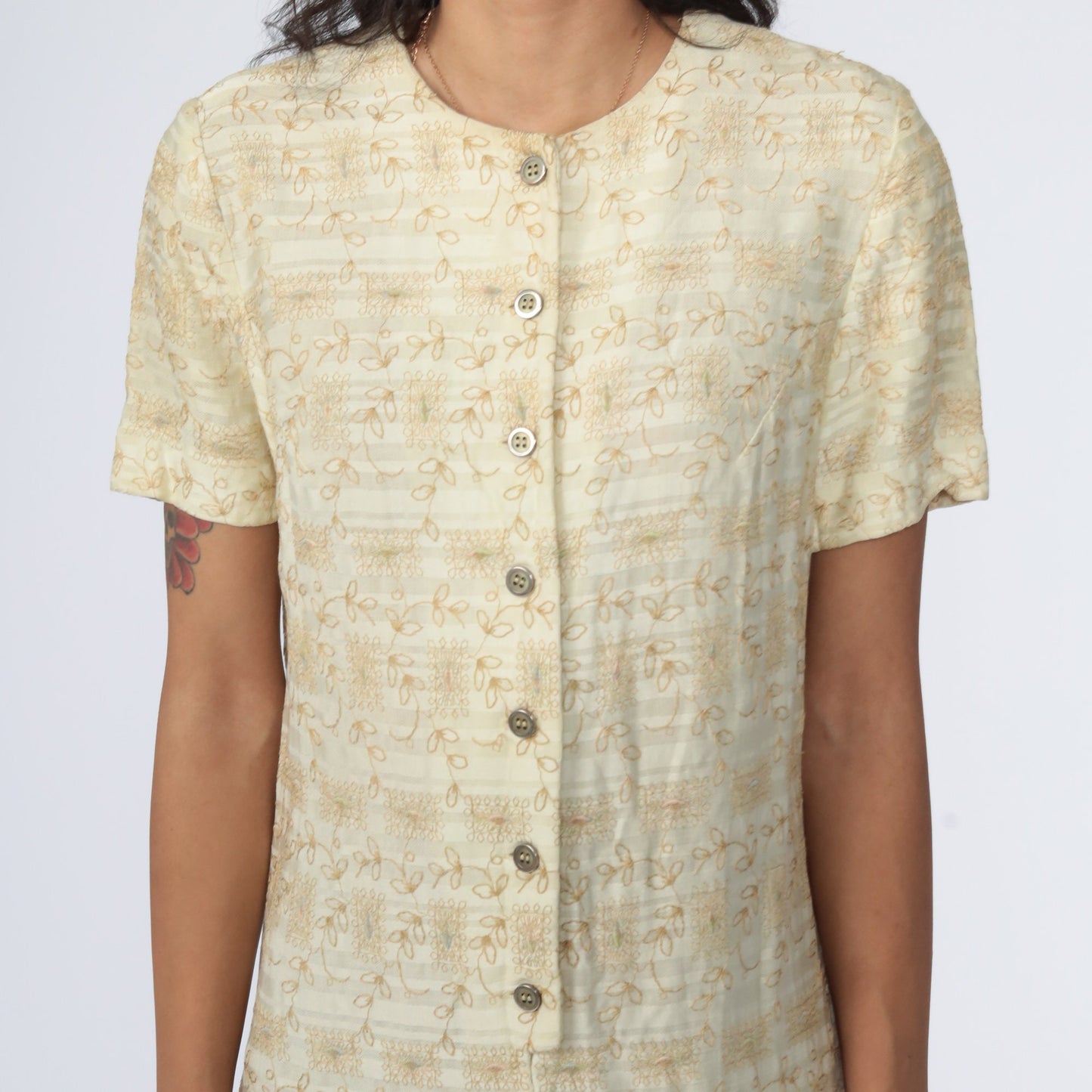 1960s L'Aiglon Cream Embroidered Shift Mini Dress Floral Small