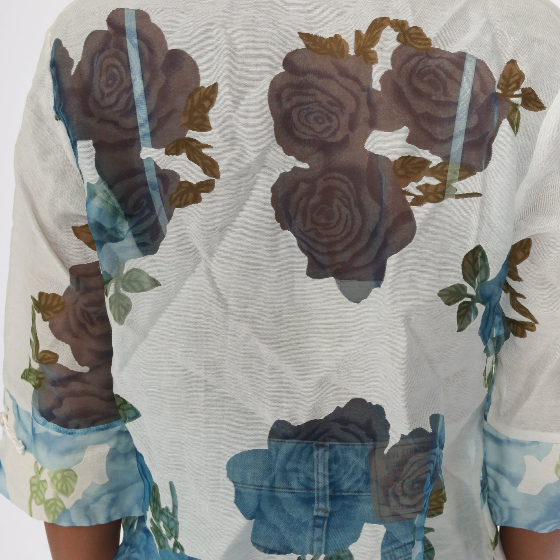 90s Floral Mandarin Collar Blouse White Button-Up Sheer 3/4 Sleeve Medium